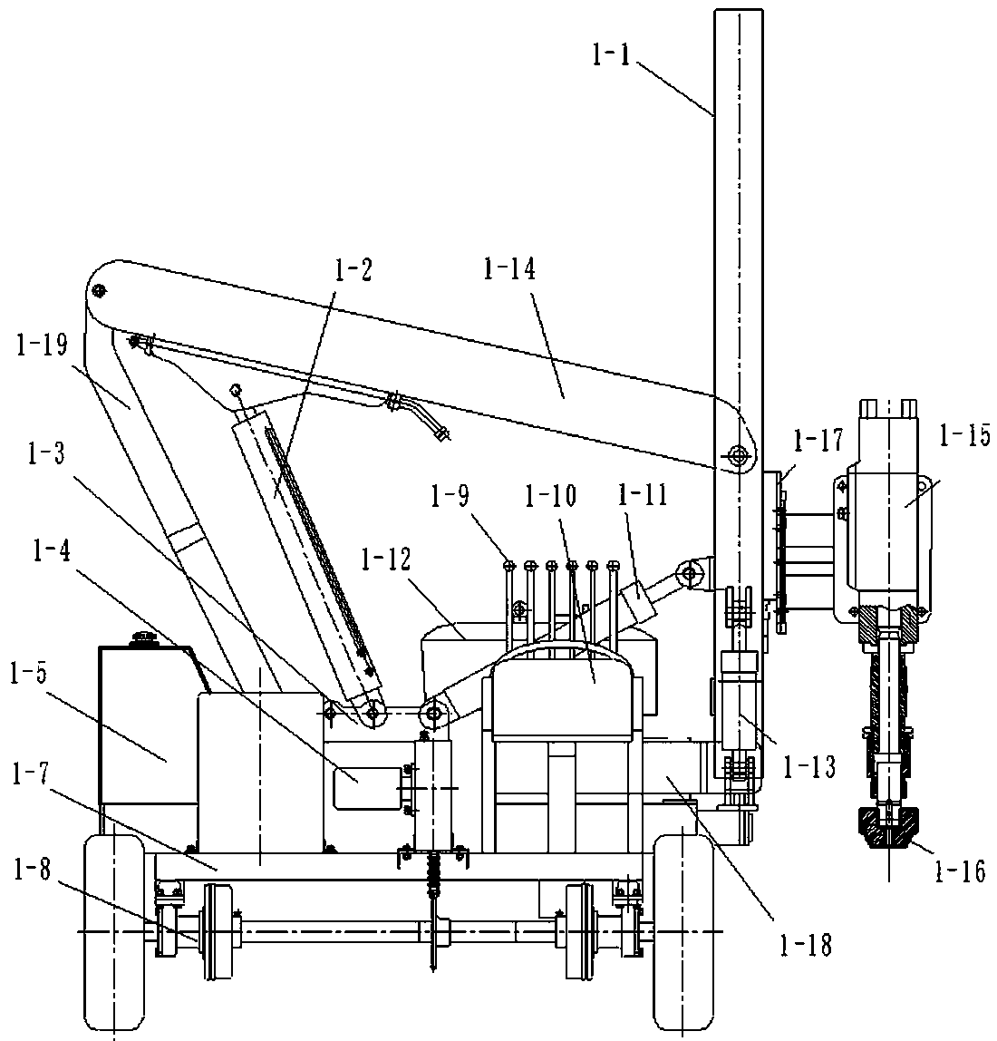 Operating mechanism of vehicle-mounted highway guardrail pile driving and pulling machine