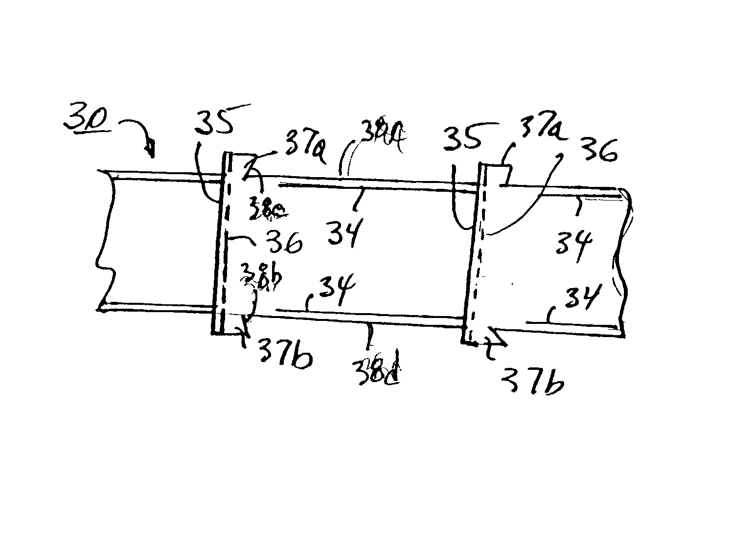 Continuous strip of plastic bags, method and apparatus for making same, and novel plastic bag constructions