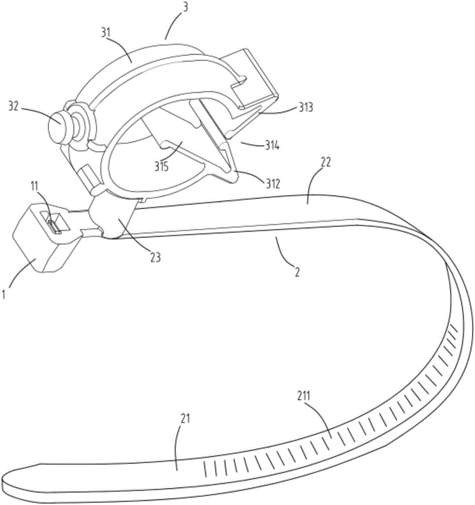 Wire harness band provided with rotary fixing device
