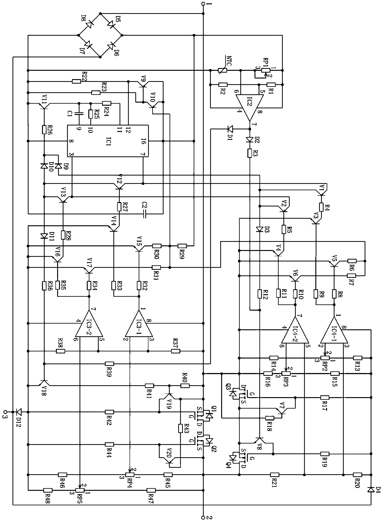 Bi-directional power supply self-recovery over-current over-temperature protection device