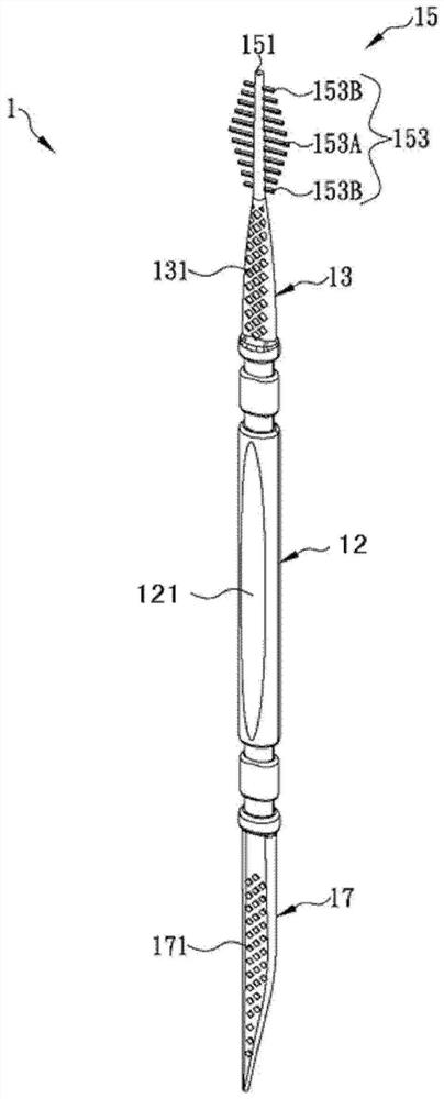 3-in-1 tooth cleaning stick with the structure of toothpick, interdental brush and dental floss stick