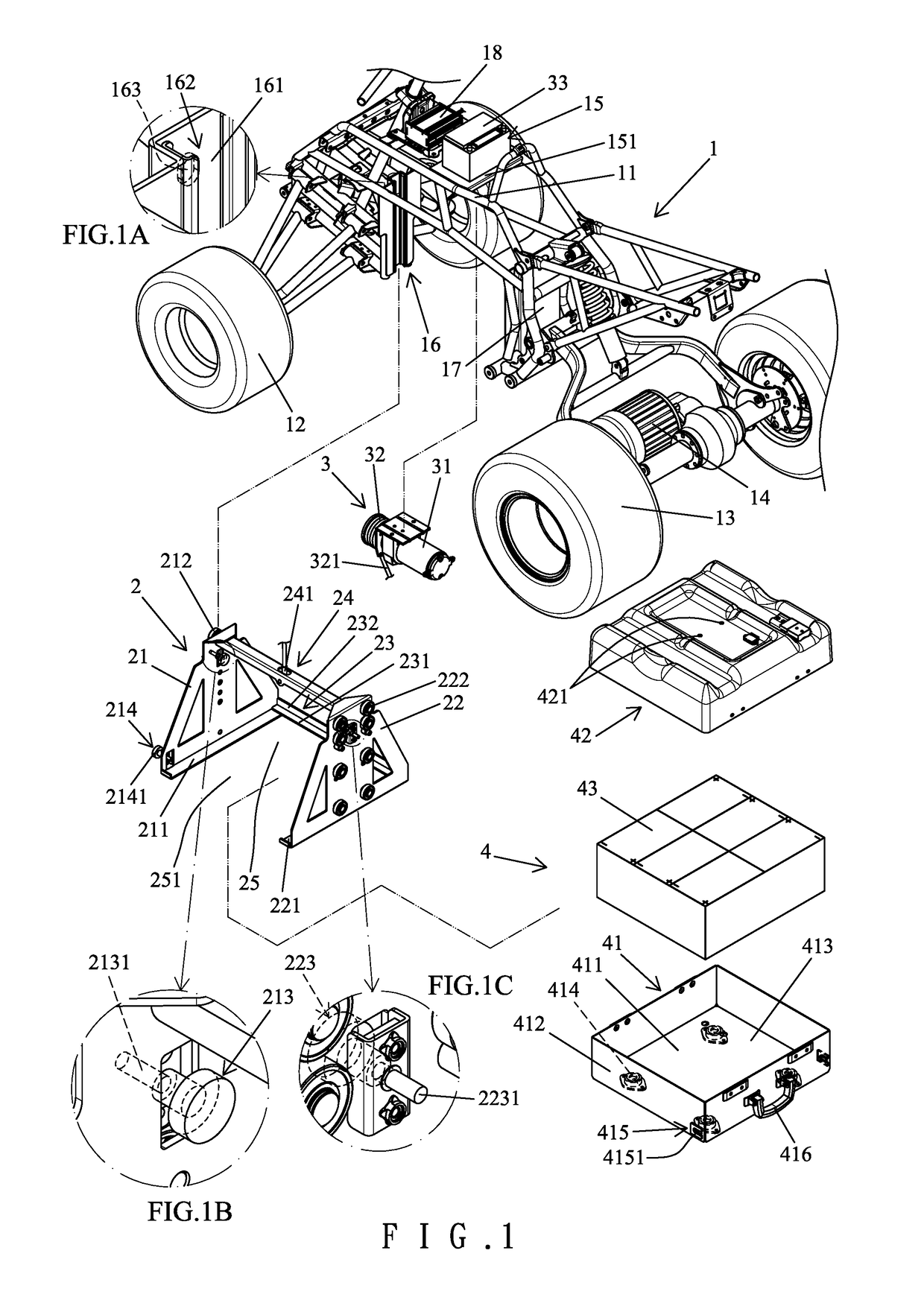 Battery mounting device for an electric all terrain vehicle or an electric utility vehicle