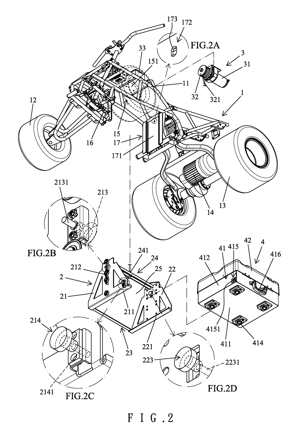 Battery mounting device for an electric all terrain vehicle or an electric utility vehicle