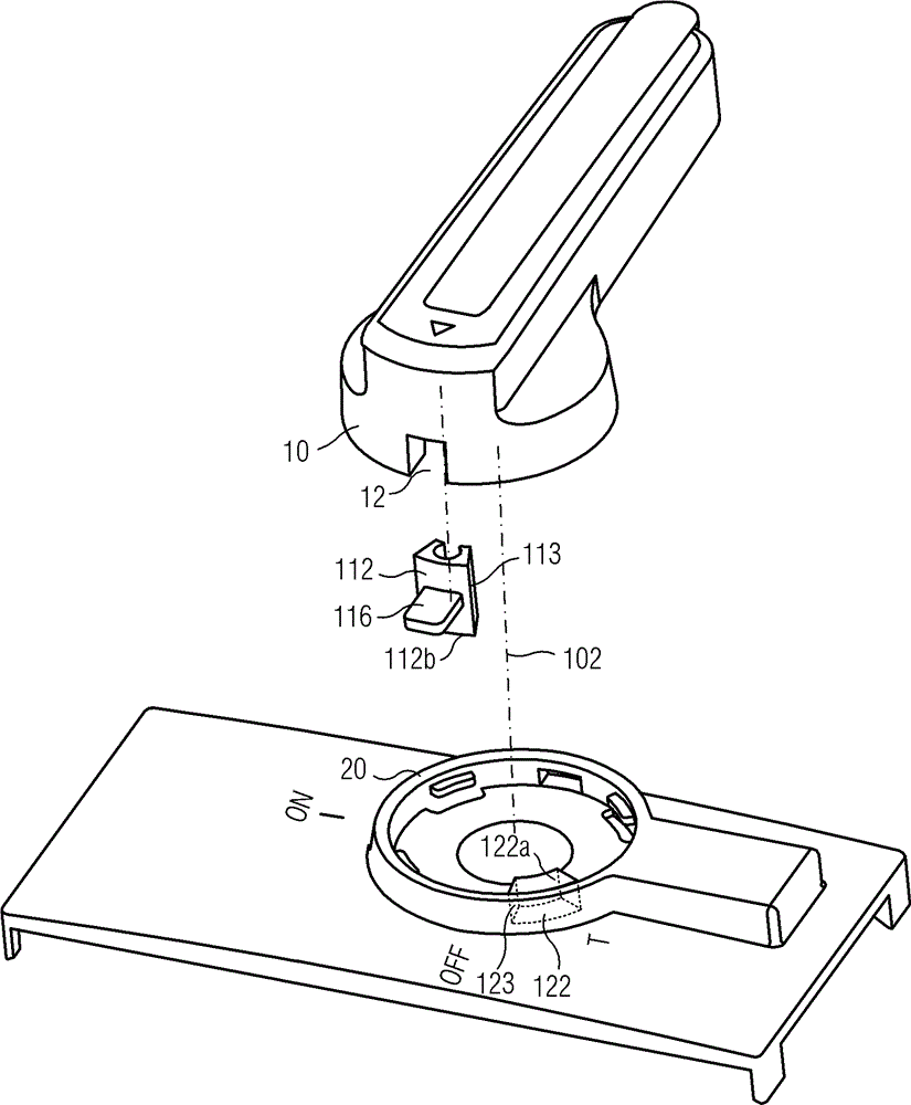 Hand shank component of switch device, and switch device