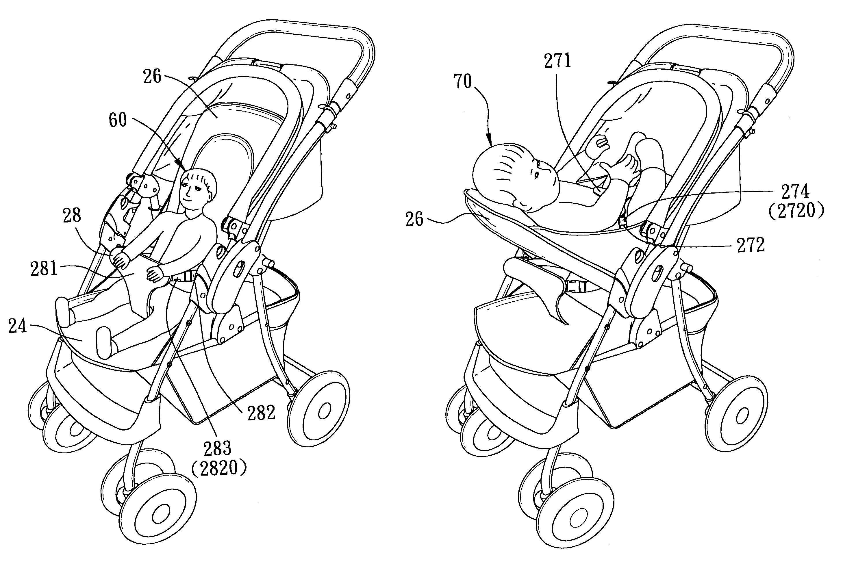 Stroller suitable for seating and reclining of a baby