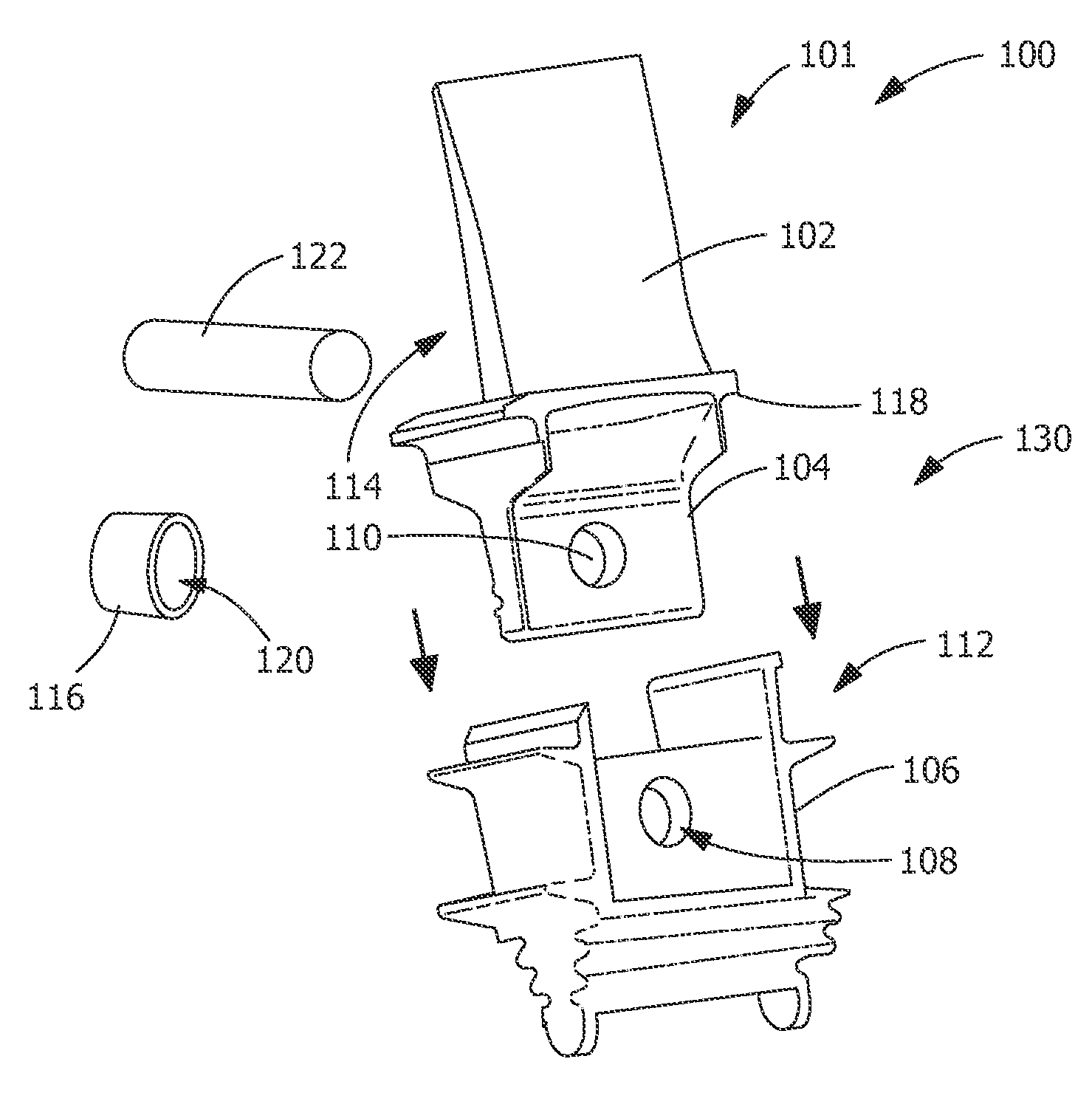 Connecting system for metal components and CMC components, a turbine blade retaining system and a rotating component retaining system