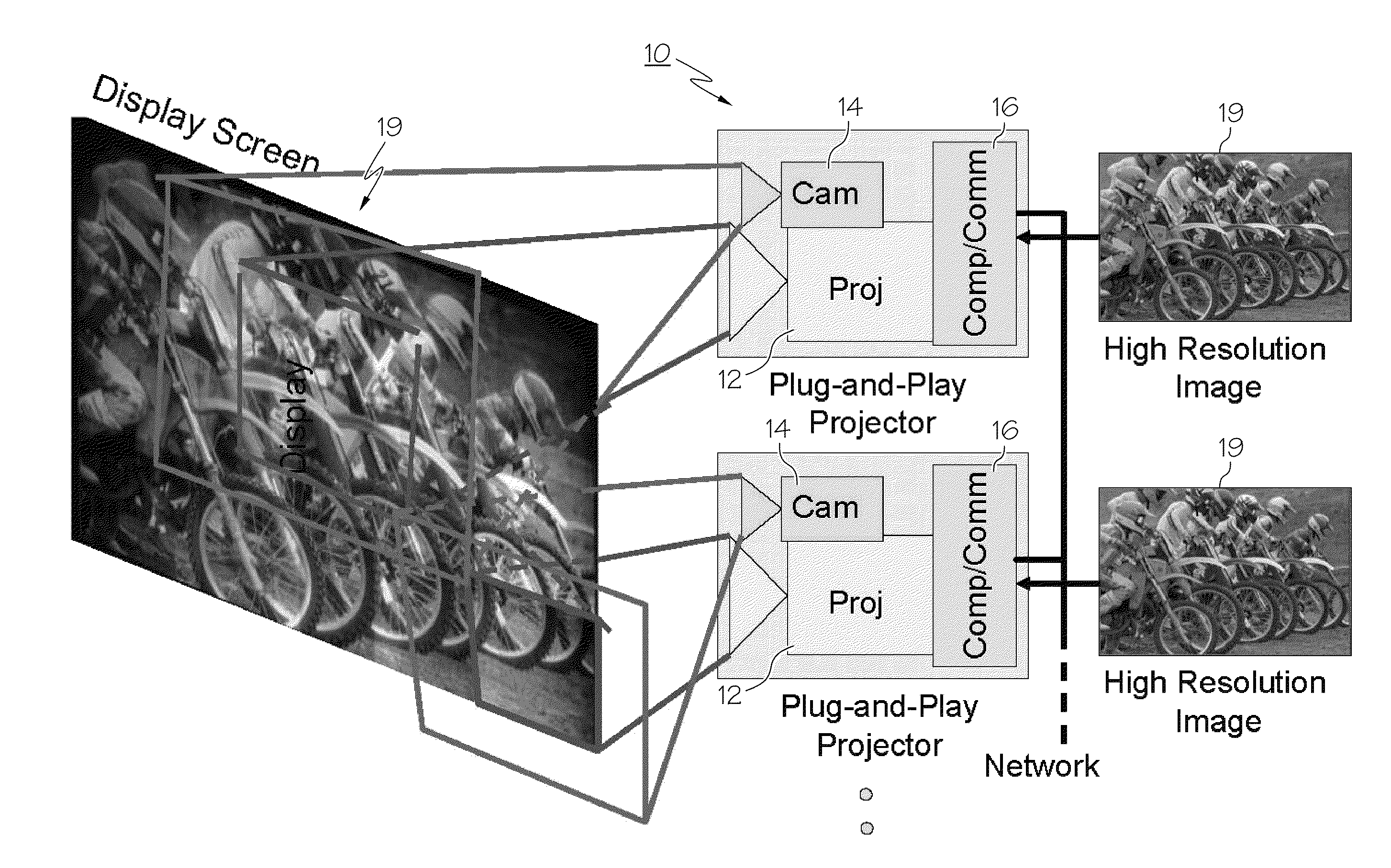 Apparatus and method for self-calibrating multi-projector displays via plug and play projectors
