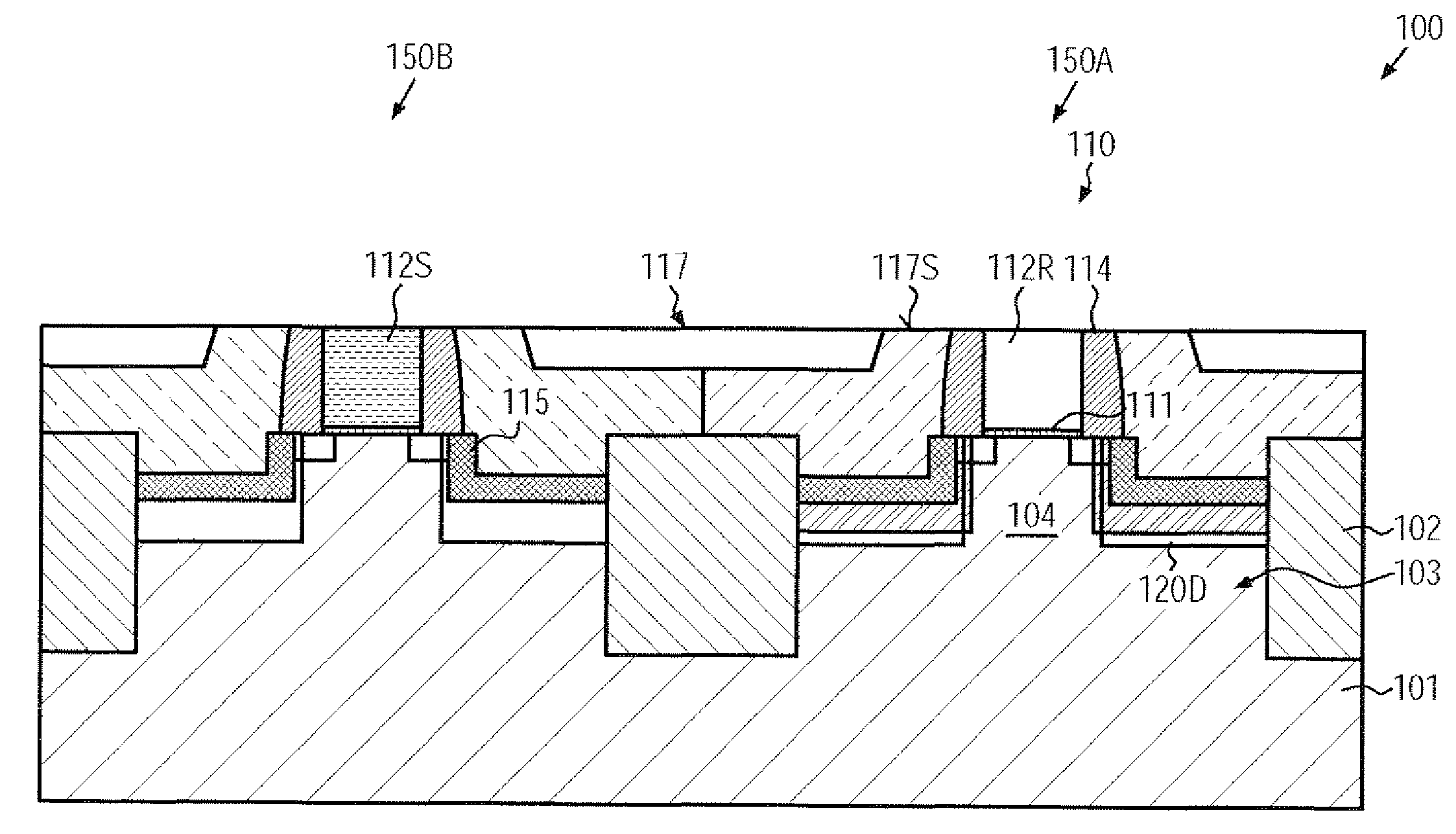 CMOS device comprising MOS transistors with recessed drain and source areas and a SI/GE material in the drain and source areas of the PMOS transistor