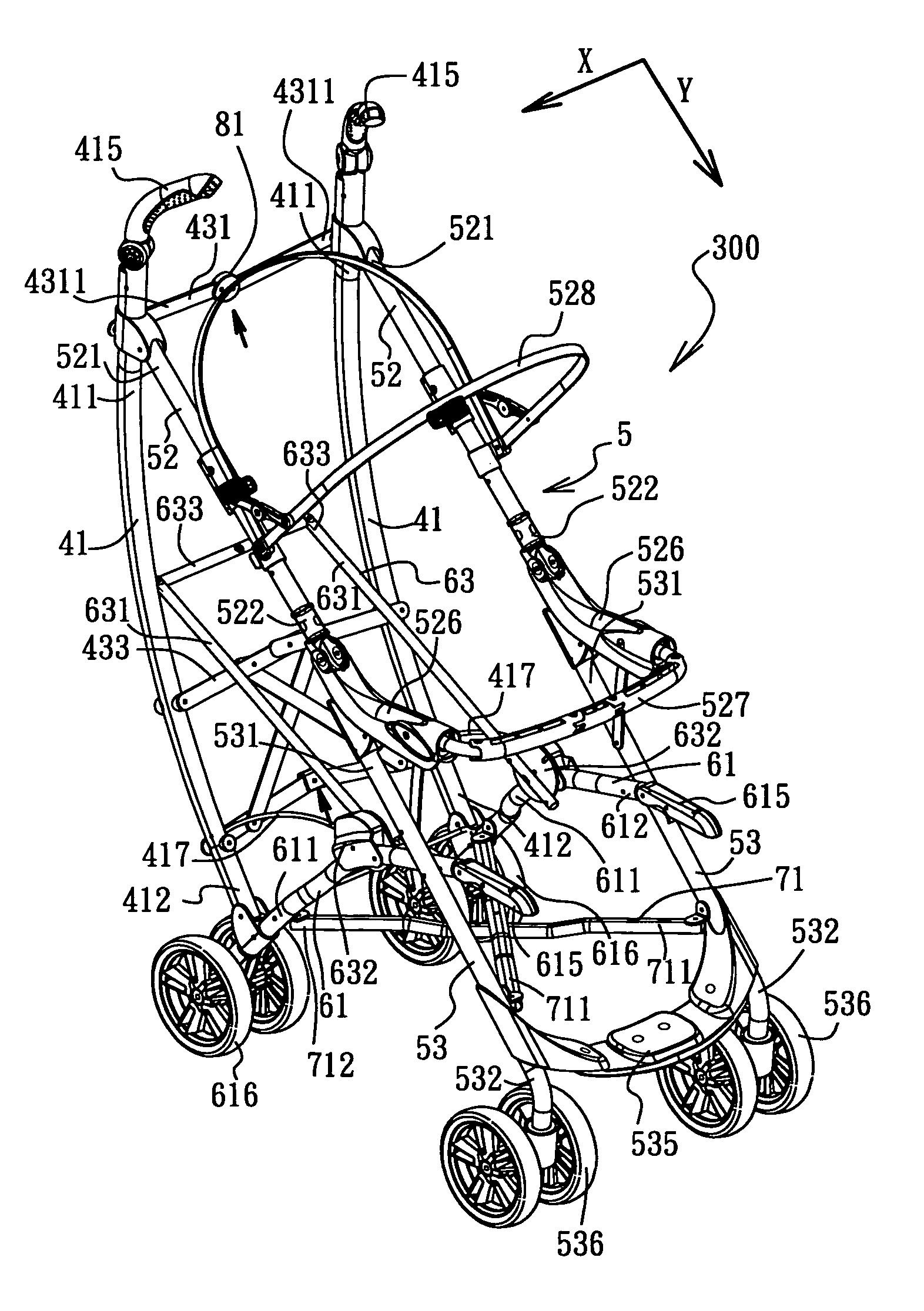 Stroller frame foldable in two directions