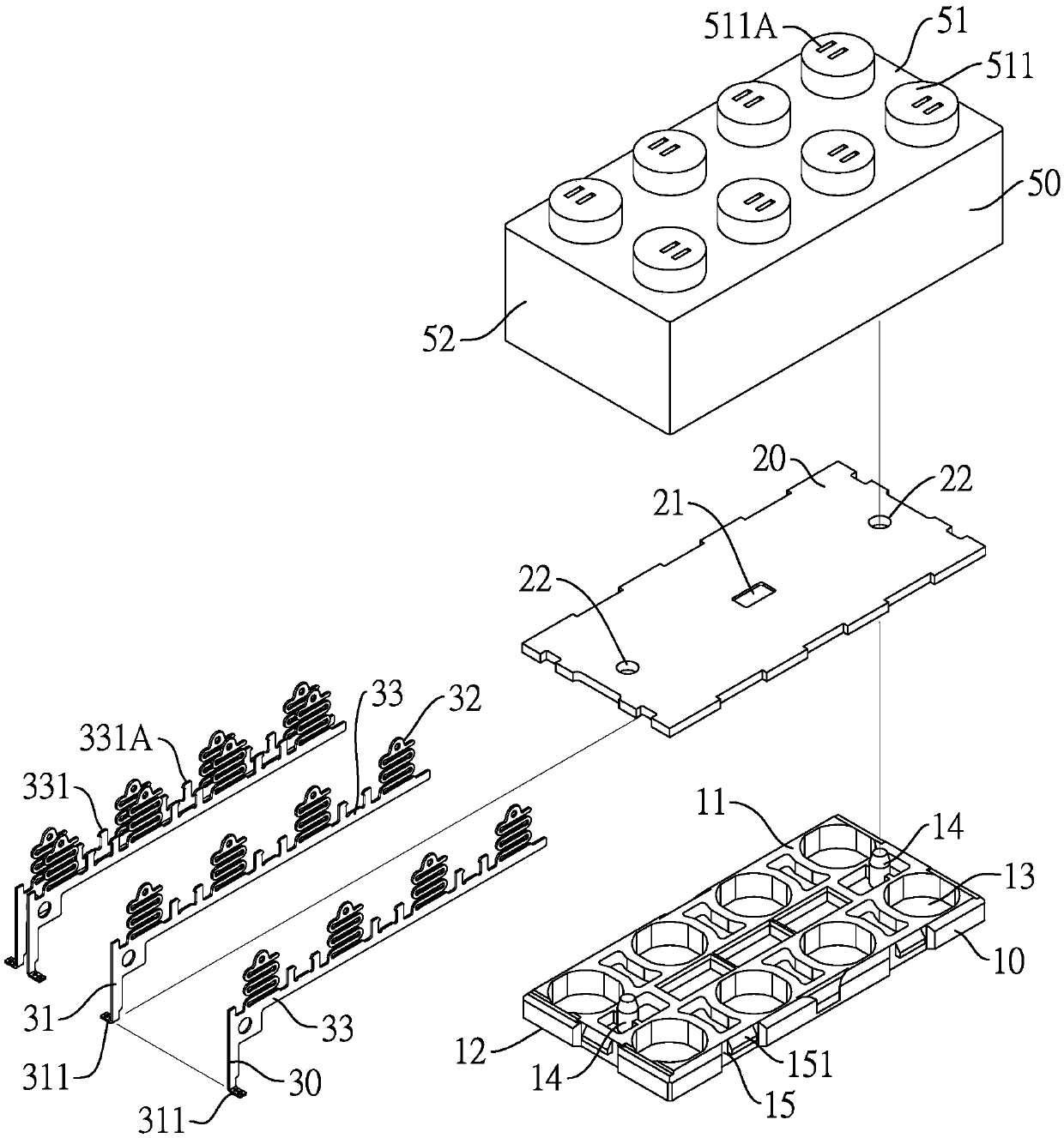 High-transmittance luminous building block with flaky electric connecting piece locating structure and assembling method thereof