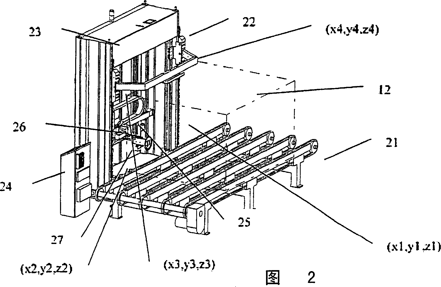 Method and appts. for defining position of edge surface of piled, e.g. boardlike objects