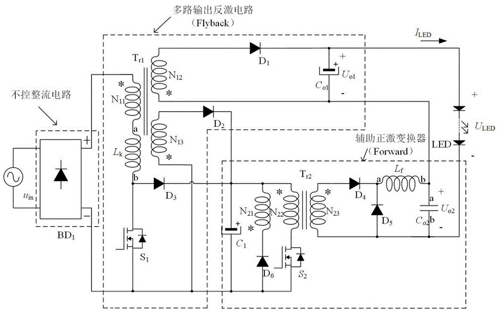 Single-stage low-switch-stress and low-output-ripple LED drive circuit