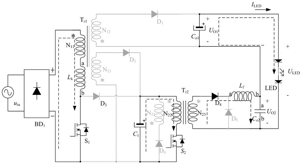 Single-stage low-switch-stress and low-output-ripple LED drive circuit