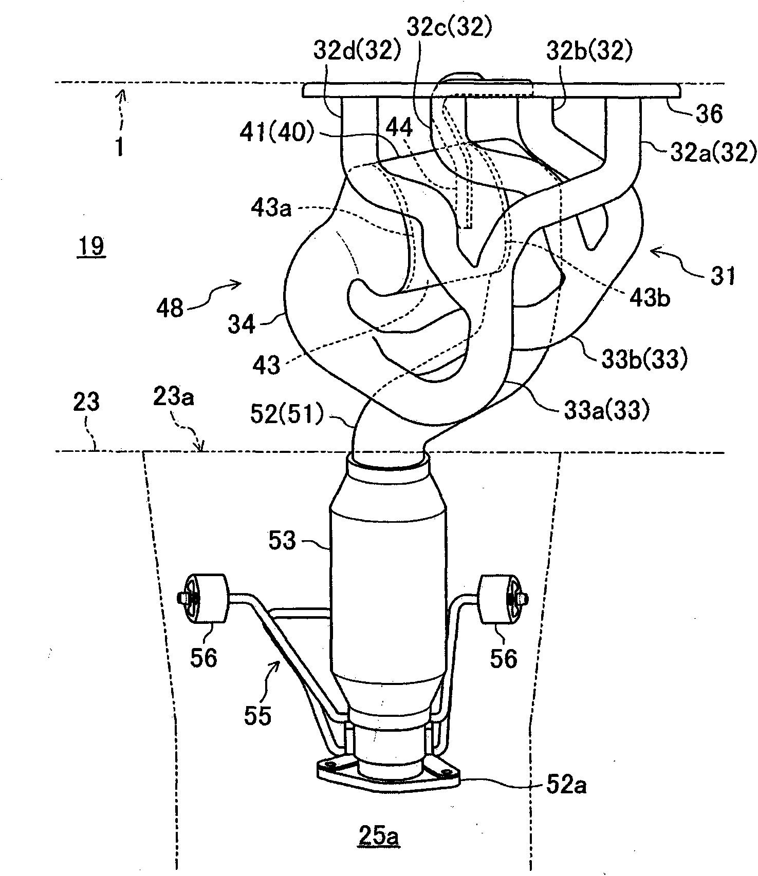 Exhaust apparatus for transverse engine