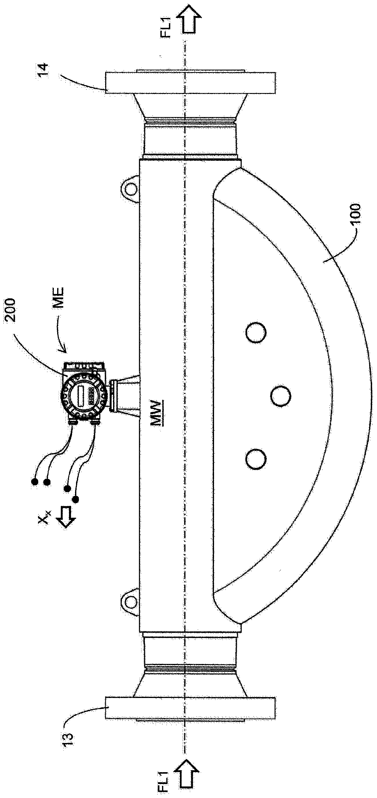 Vibronic measuring system for measuring mass flow rate