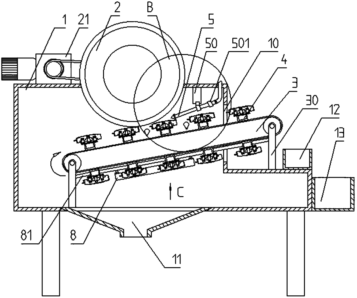 Three-side grinding and chipping blowing platform for front panel of sewing machine