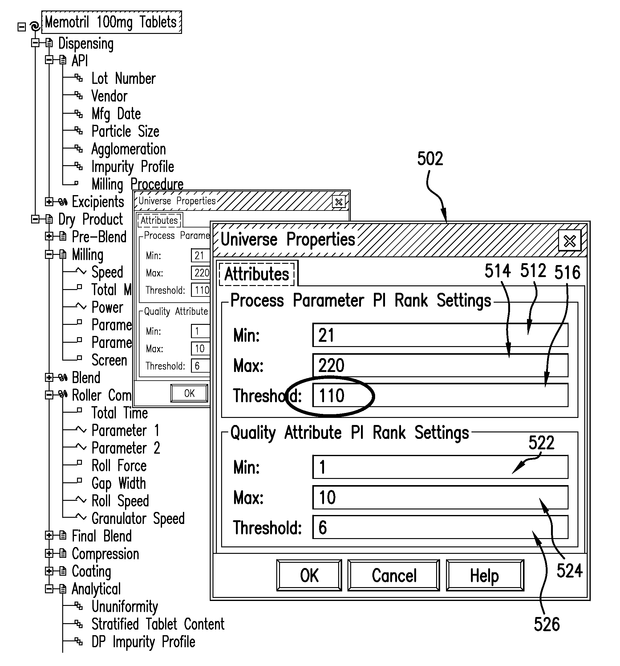 System for designating, displaying and selecting types of process parameters and product outcome parameters