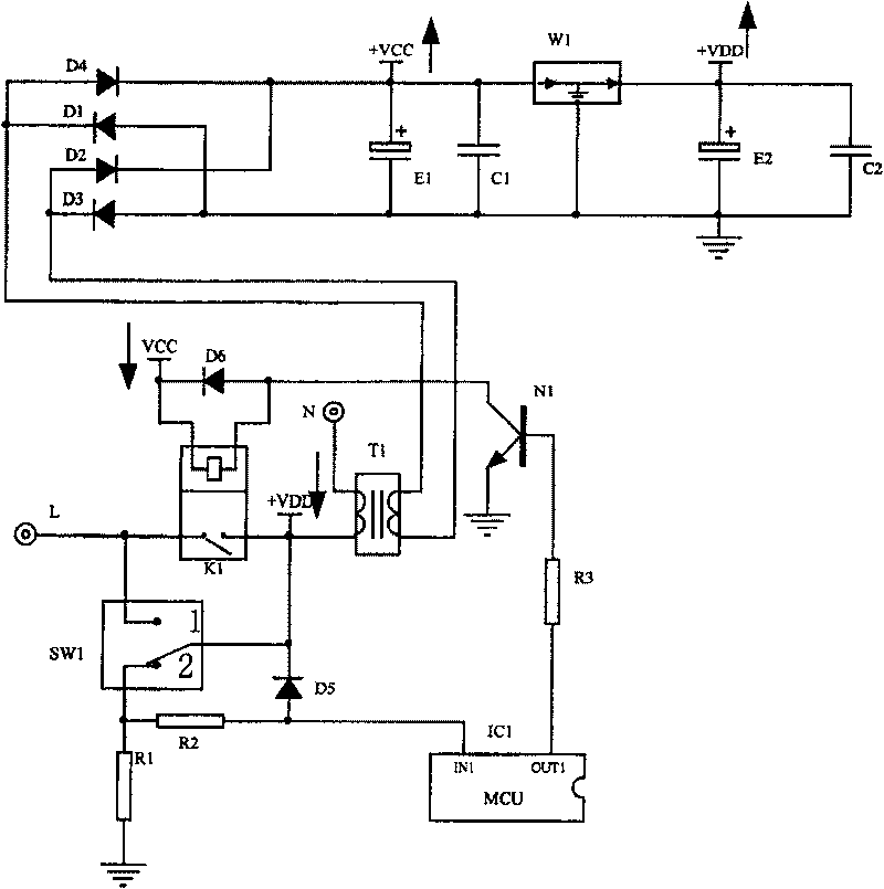 Power supply switching device for household electrical appliance