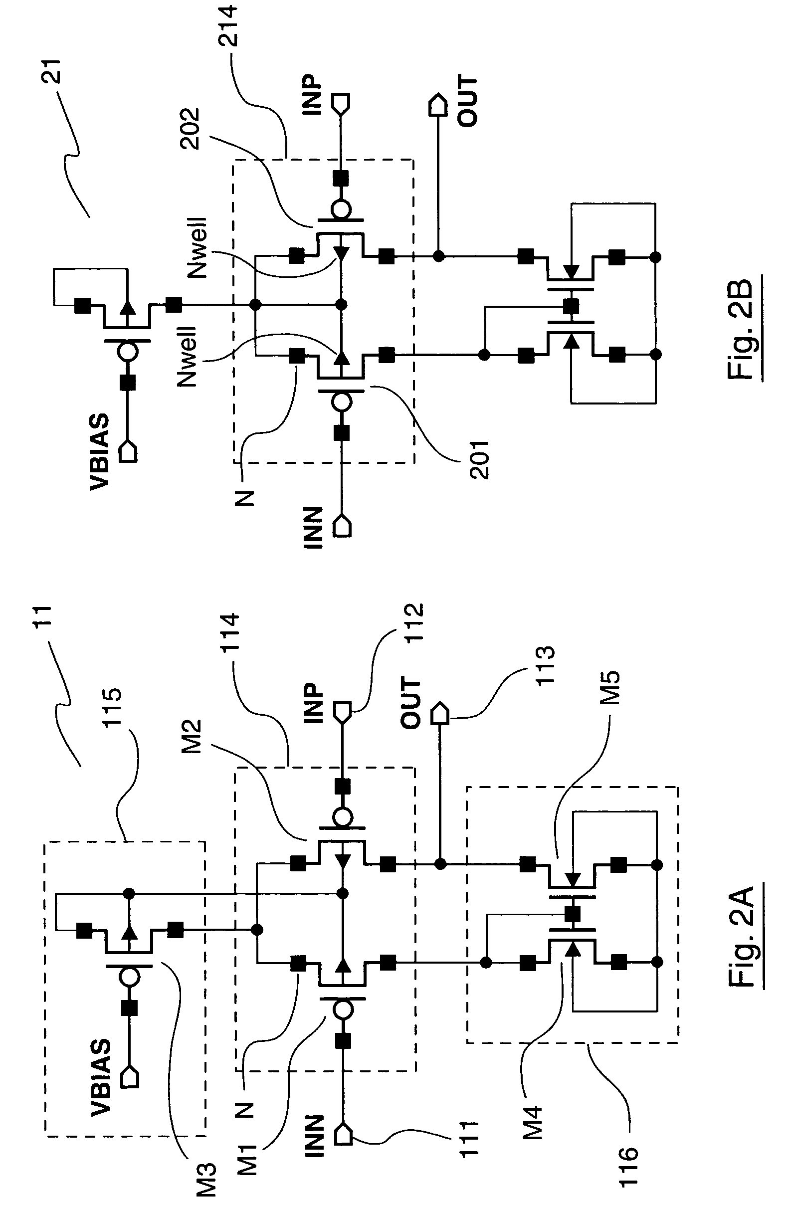 Electronic circuit including at least one first and one second differential pair with the transistors sharing one and the same well