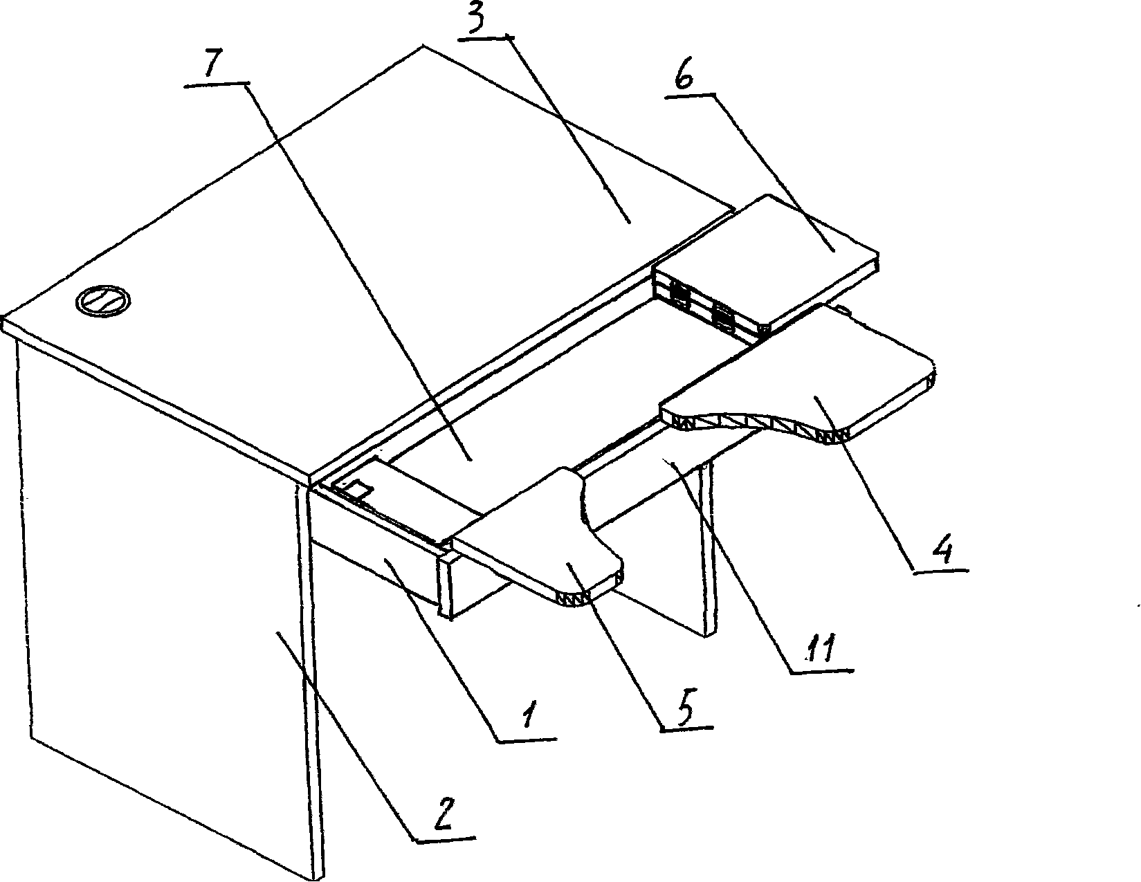 Computer desk with keyboard bearing connecting mouse board on keyboard bearing