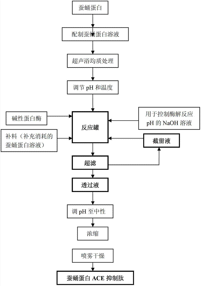 Method for preparing silkworm pupa protein ACE (angiotensin-I converting enzyme) inhibitory peptide by continuous enzyme membrane reaction, and product and application thereof