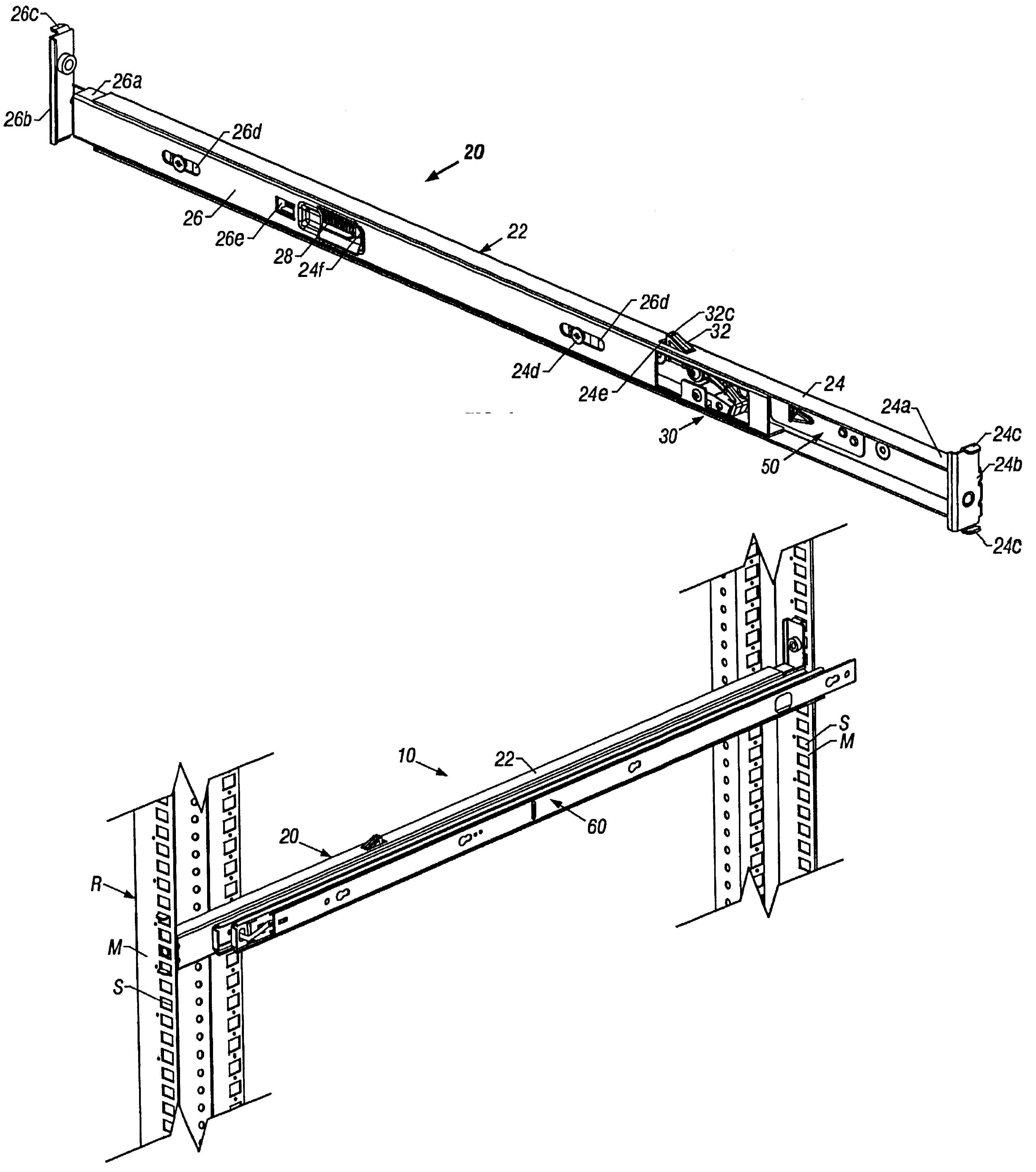 Expandable slide and rail assembly for a rack and method of installing same