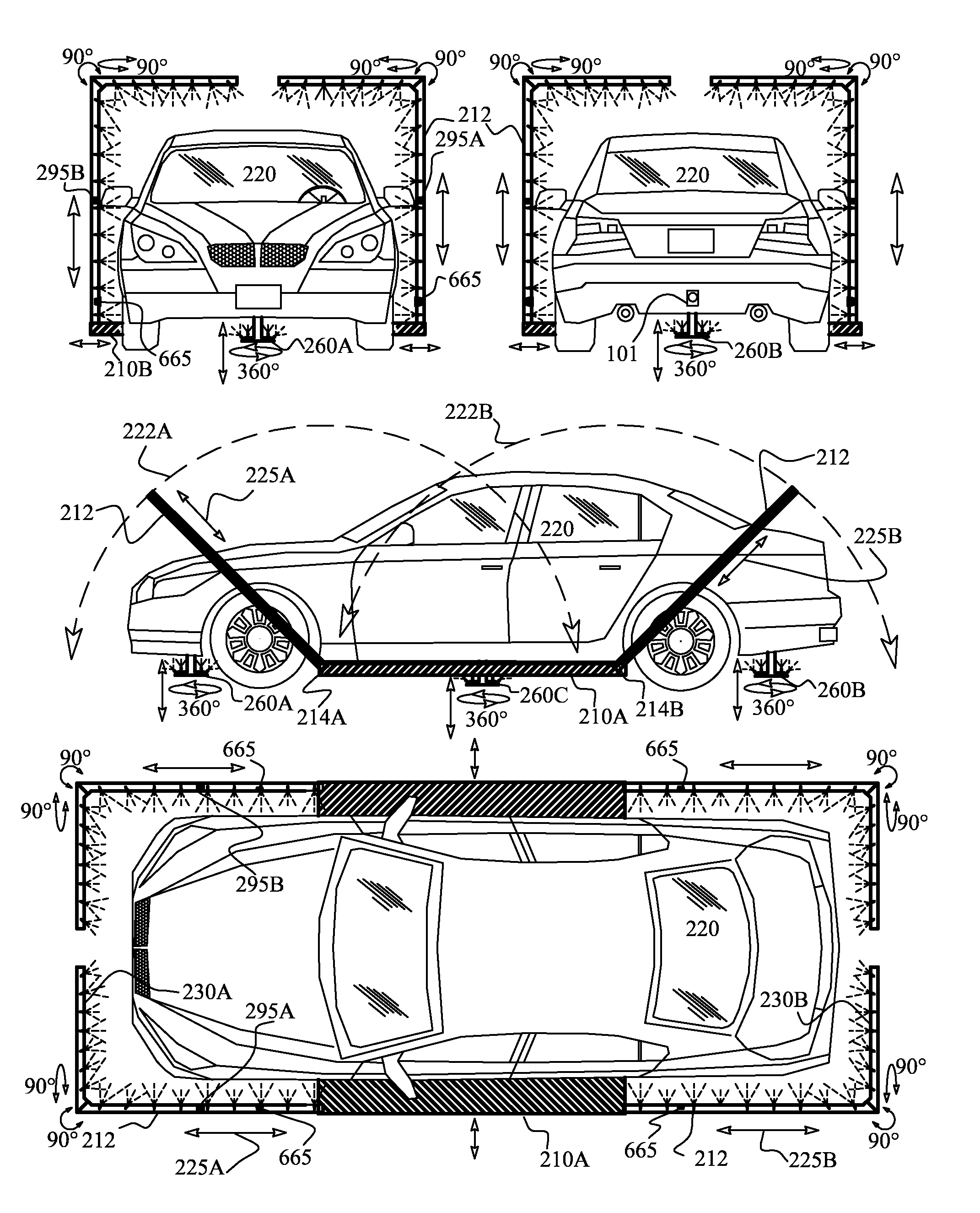 System and apparatus for automatic built-in vehicle washing and other operations