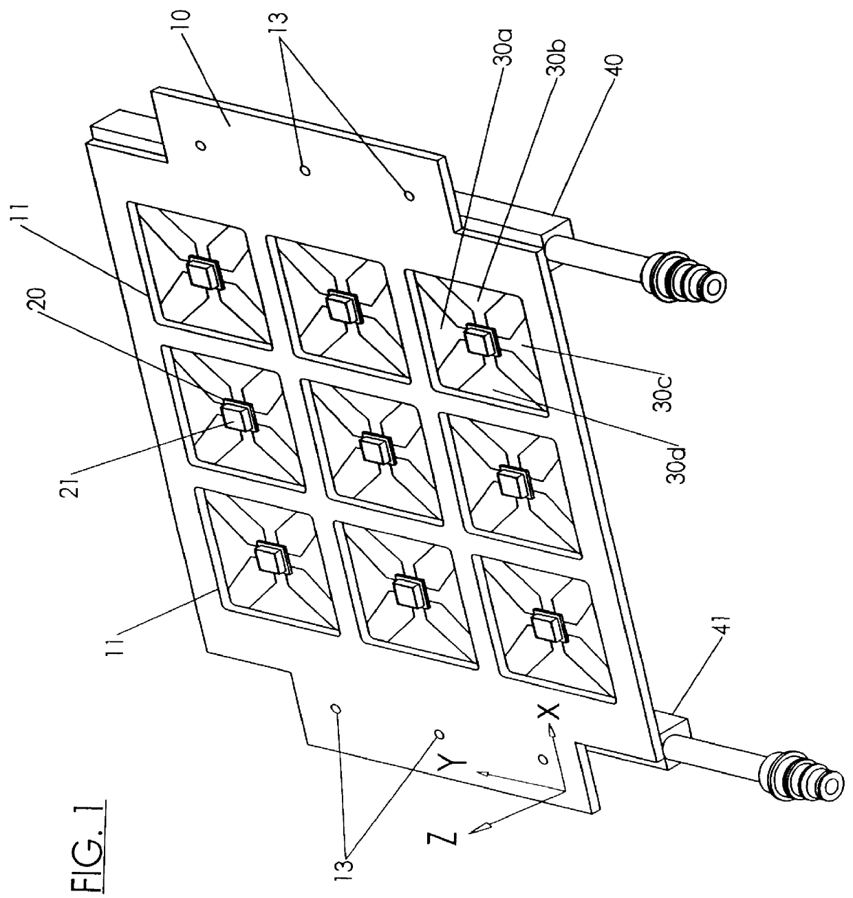 Mechanical assembly for regulating the temperature of an electronic device which incorporates a single leaf spring for self-alignment plus a low initial contact force and a low profile