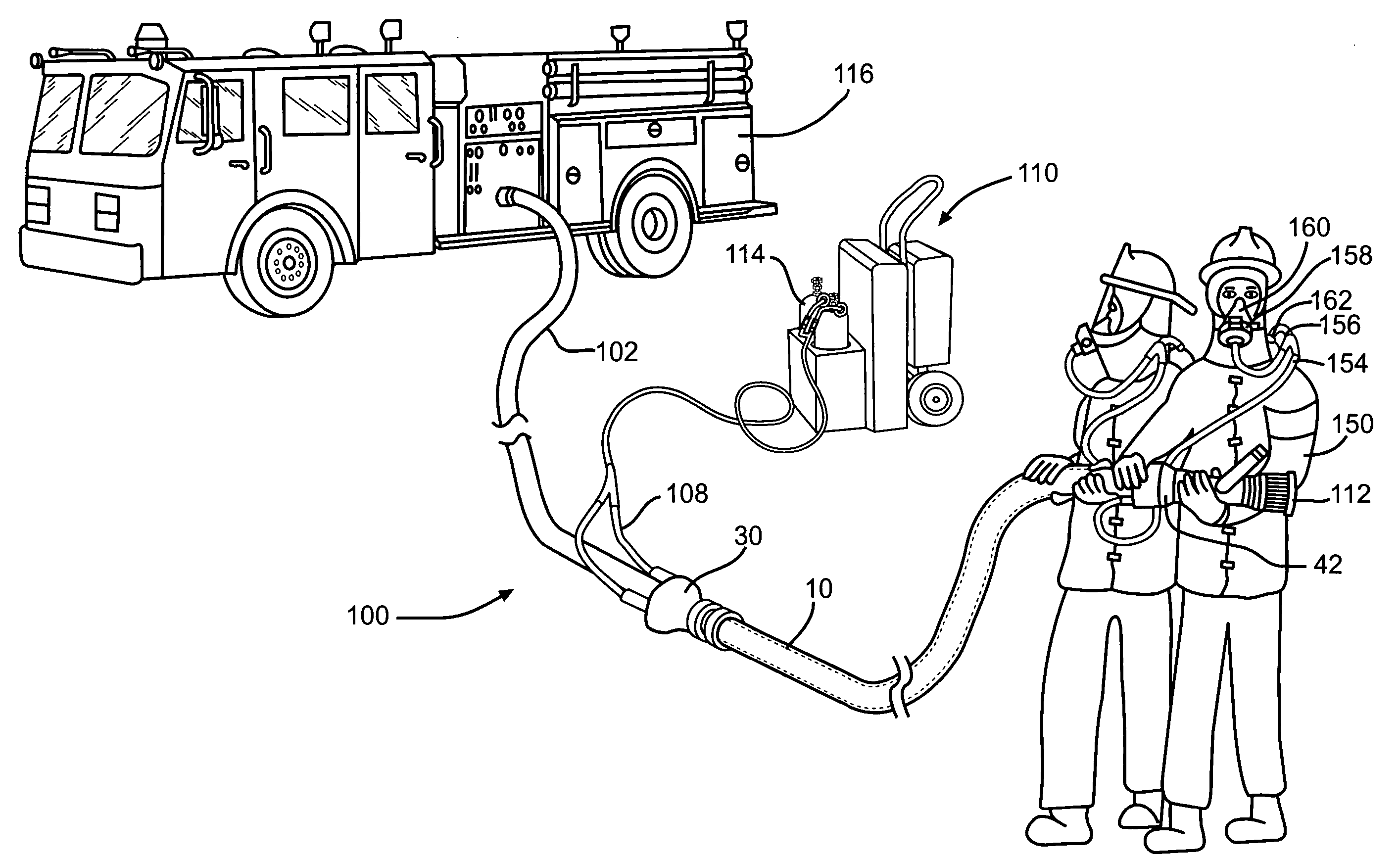Air and water hose apparatus for firefighters