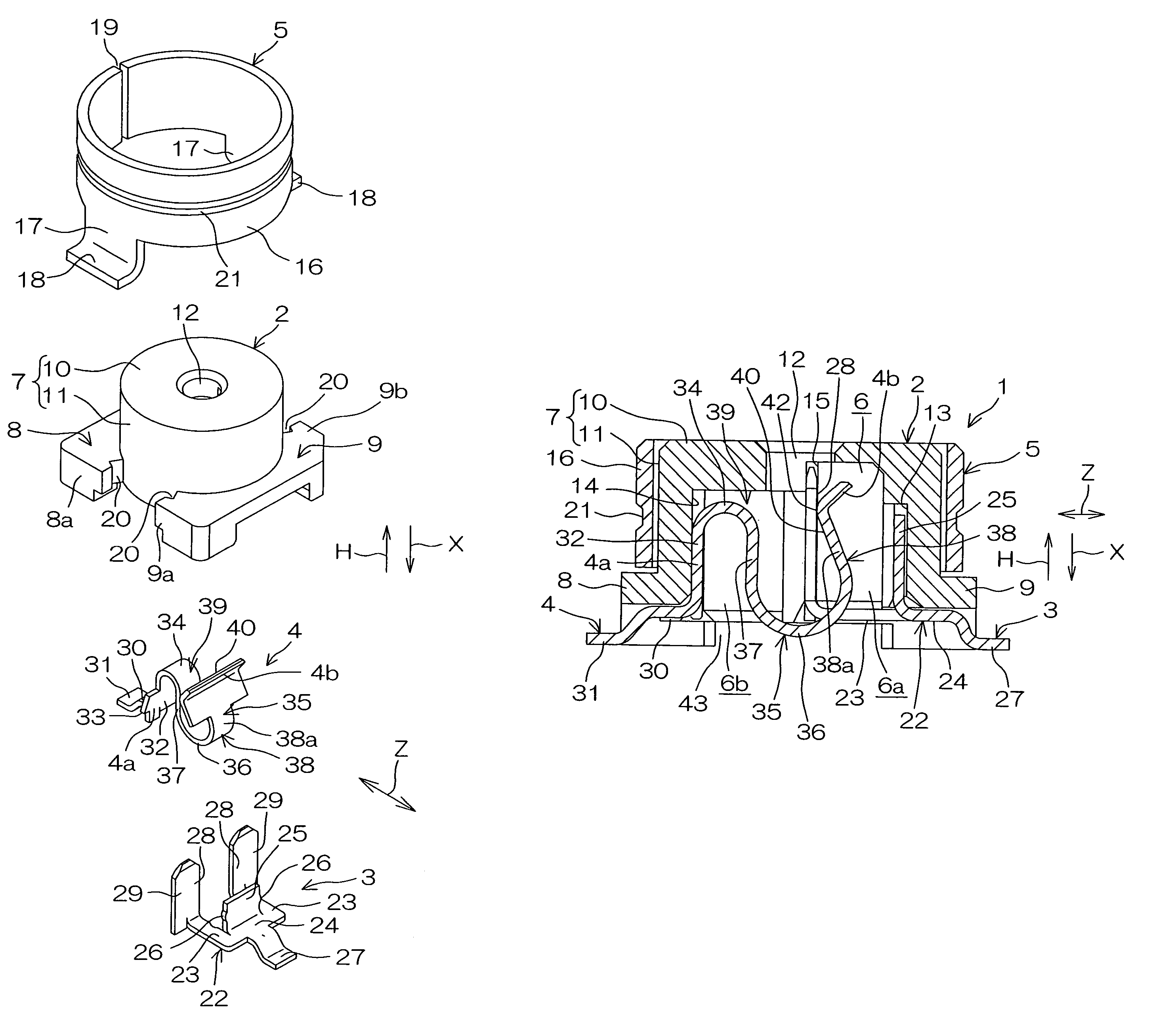 Coaxial connector with a substantially S-shaped switch
