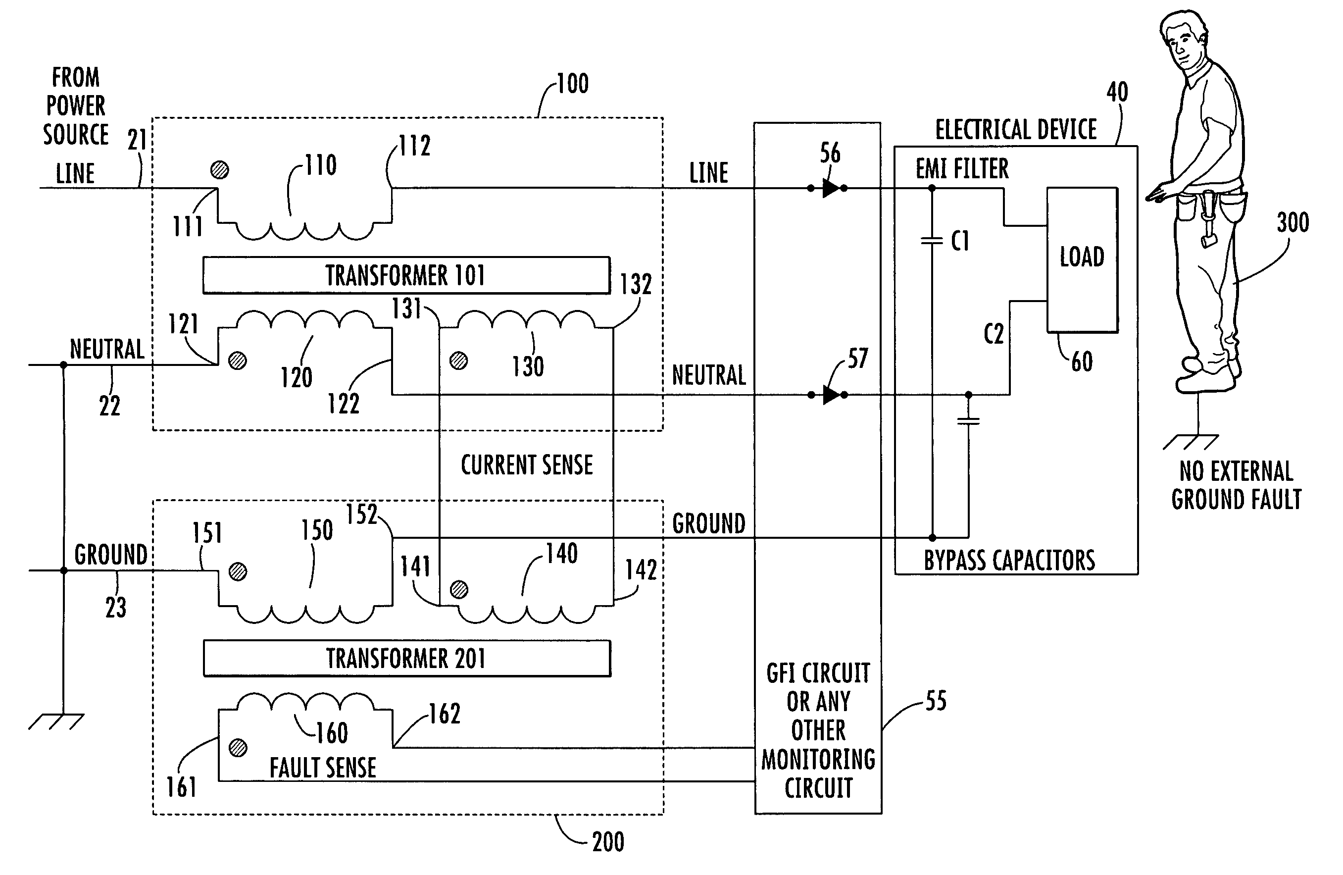Transformer interface for preventing EMI-based current imbalances from falsely triggering ground fault interrupt
