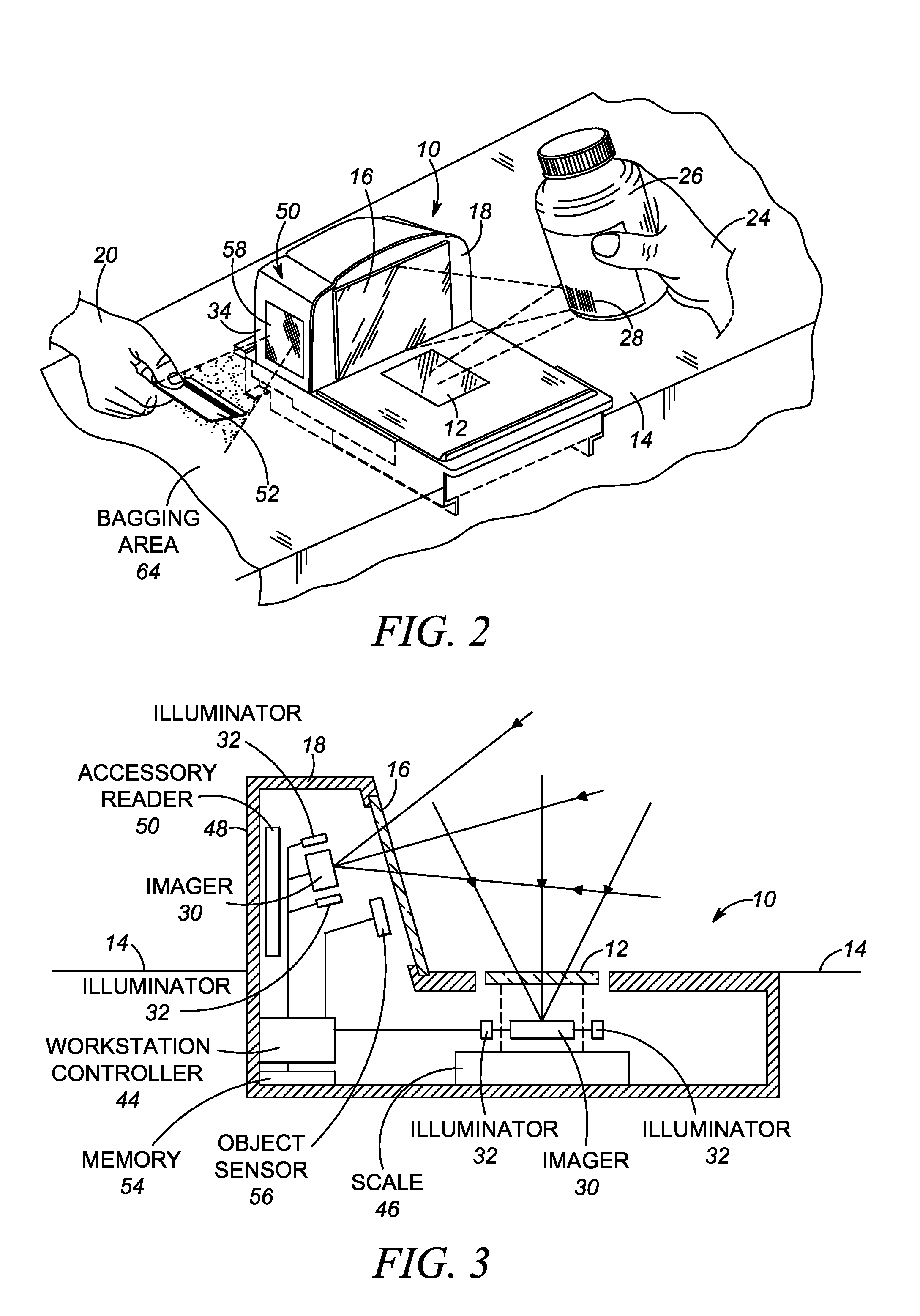 Checkout system for and method of preventing a customer-operated accessory reader facing a bagging area from imaging targets on products passed through a clerk-operated workstation to the bagging area