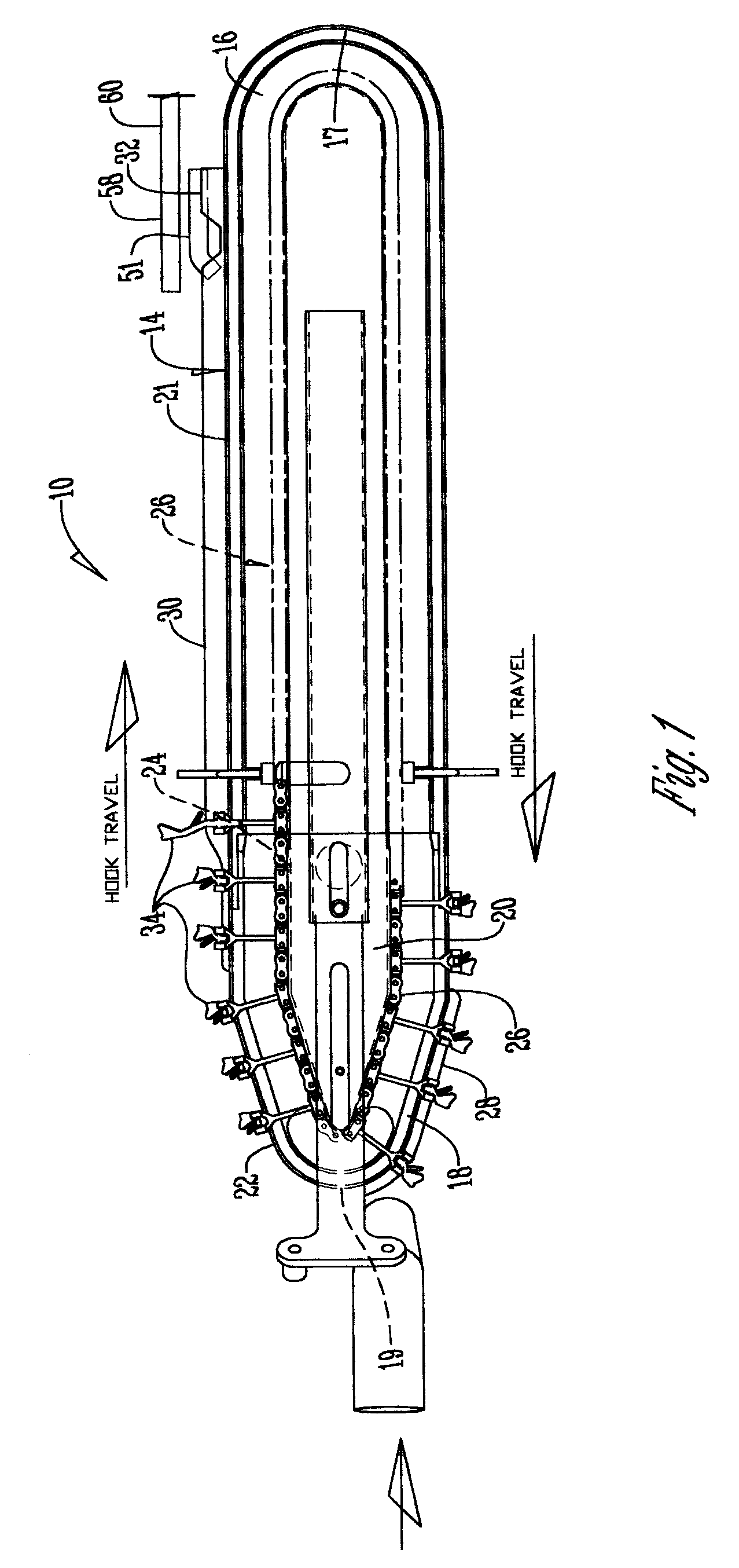 Conveyor system with pivotable hooks