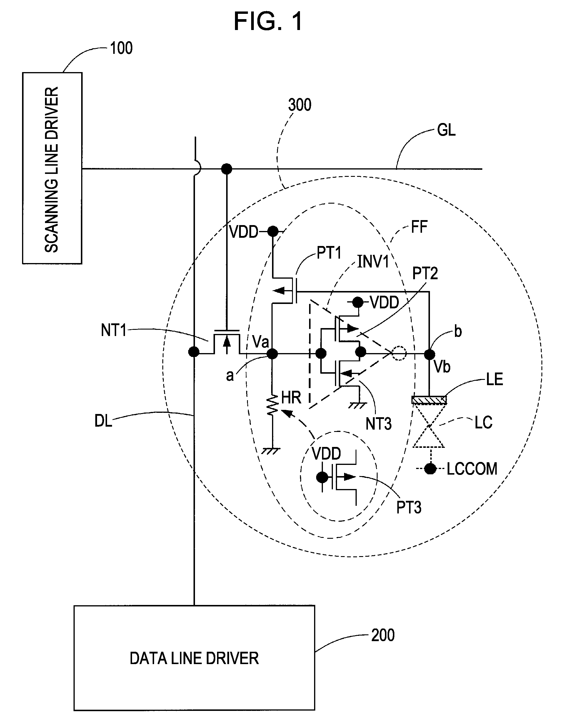 Pixel circuit having flip-flop with inverter and feedback transistor, electro-optical device having said pixel circuit, and electronic apparatus having said electro-optical device