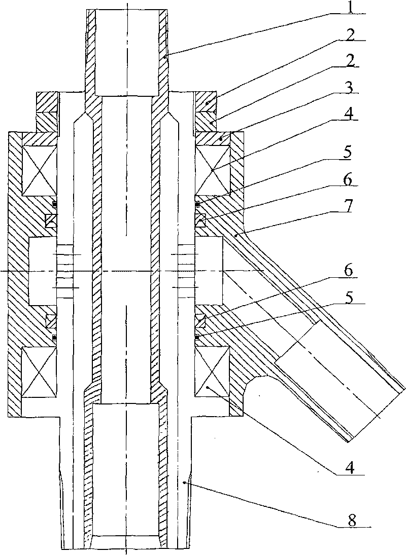 Inverse circular sand washing adapter connector in rotary type of twin pipe