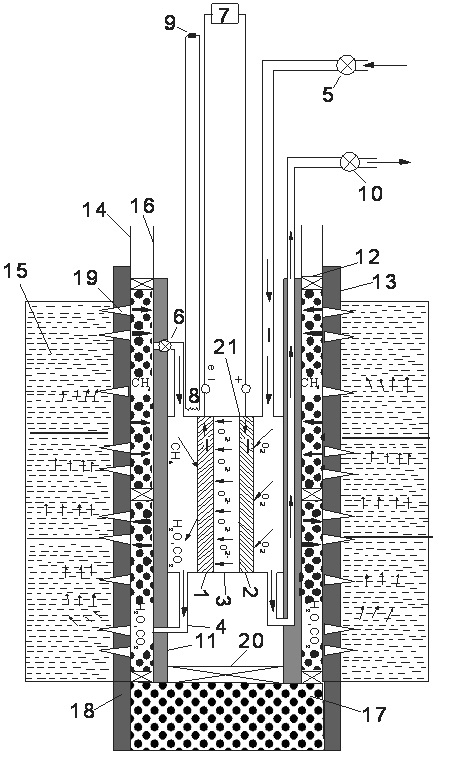 Gas hydrate mined by adopting low-temperature solid oxide fuel cell method and device thereof