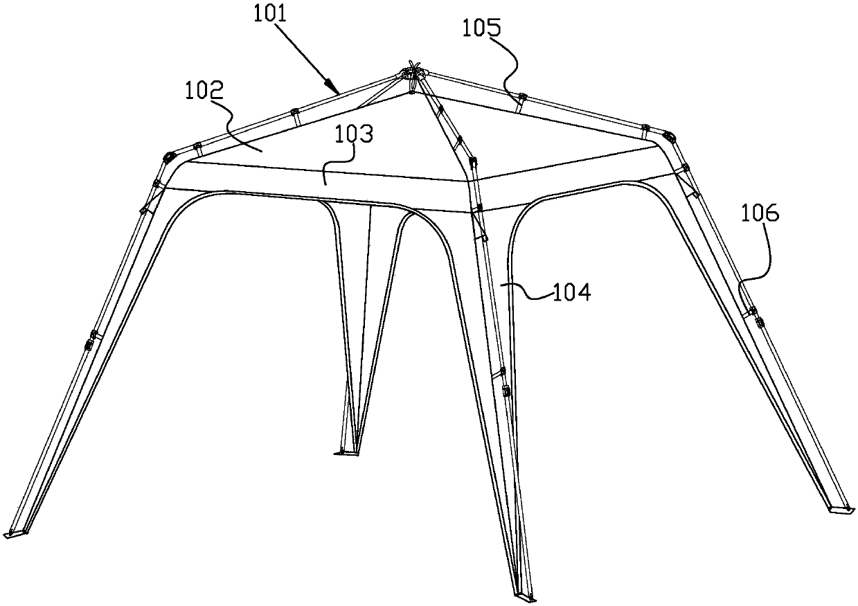 Integrated folding tent main body tarpaulin and its connection structure with tent frame pole