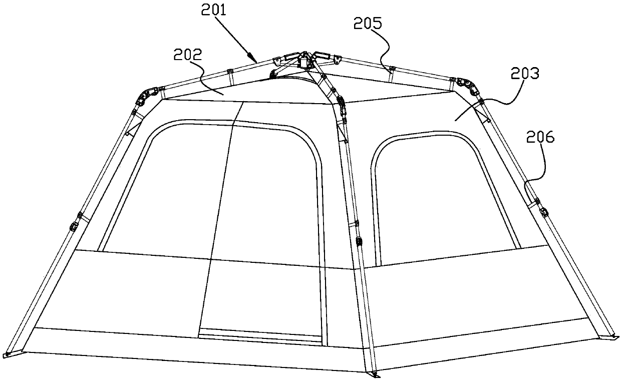 Integrated folding tent main body tarpaulin and its connection structure with tent frame pole