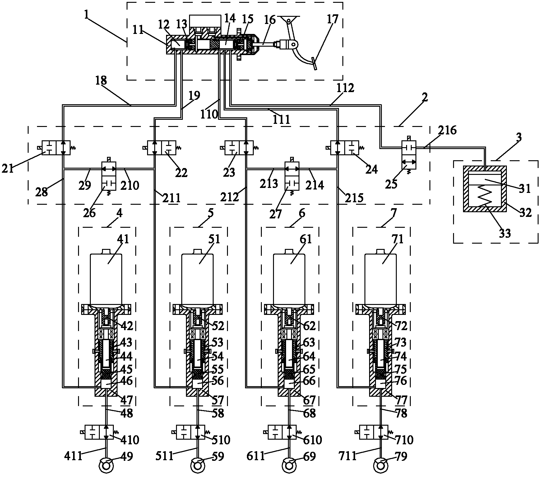 Automotive distributed electronic hydraulic braking system with pressure retaining valves