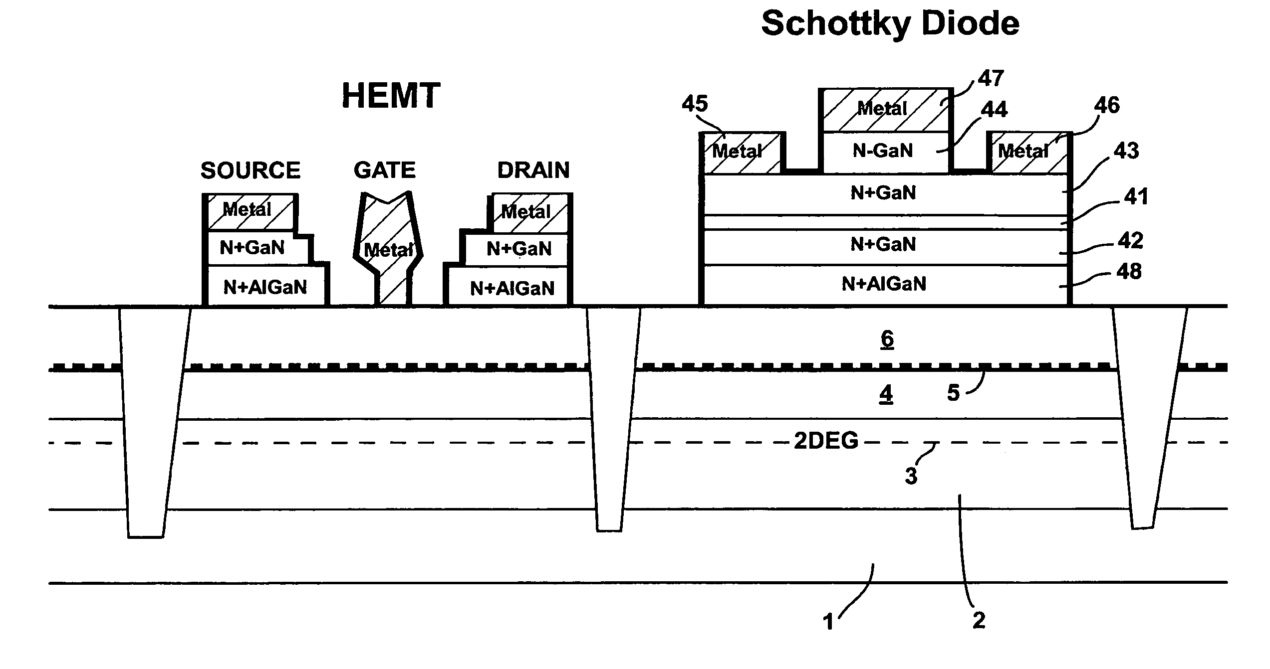 Integrated structure with transistors and Schottky diodes and process for fabricating the same