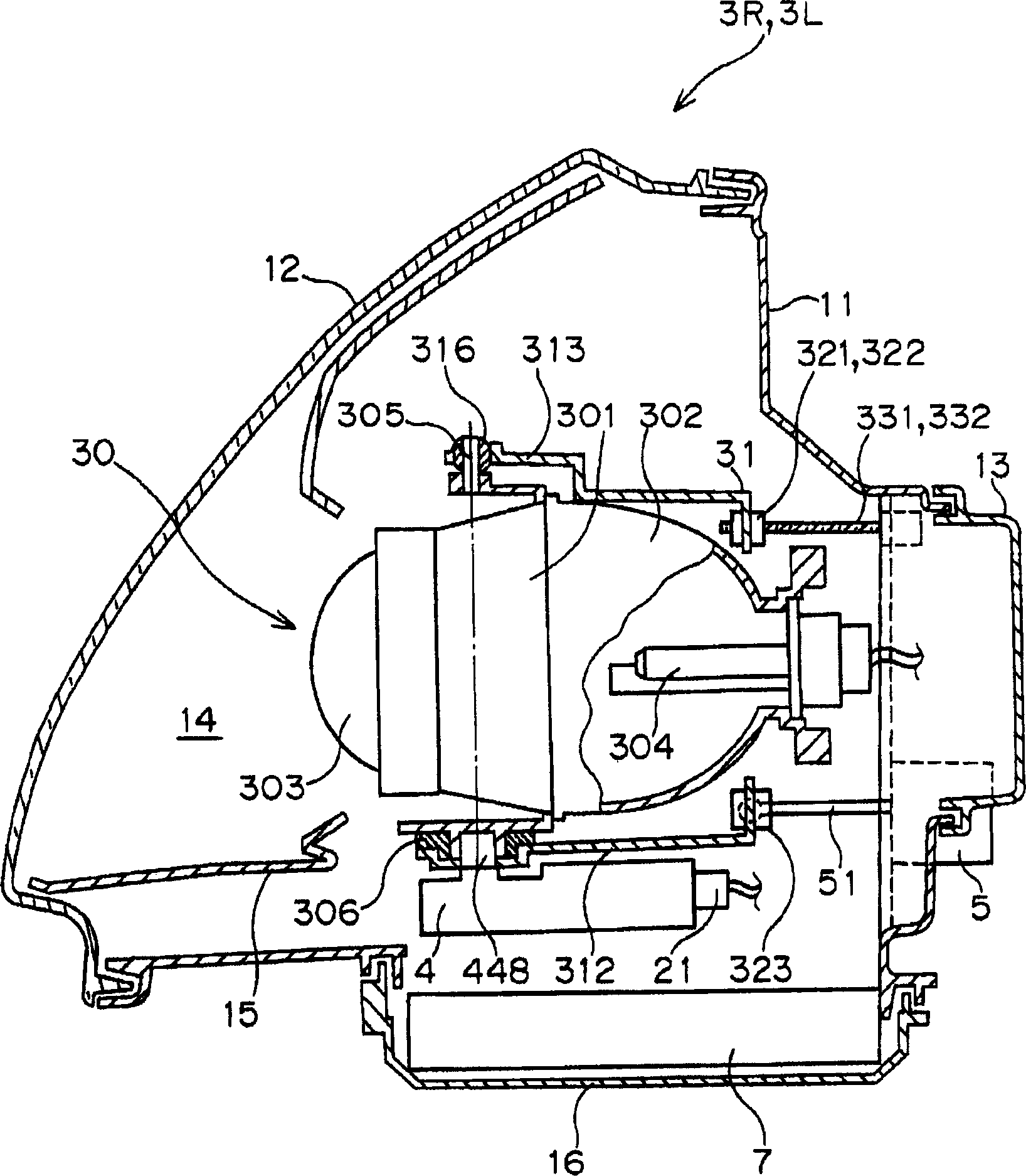 Headlight devices for vehicles and optic axis position setting method