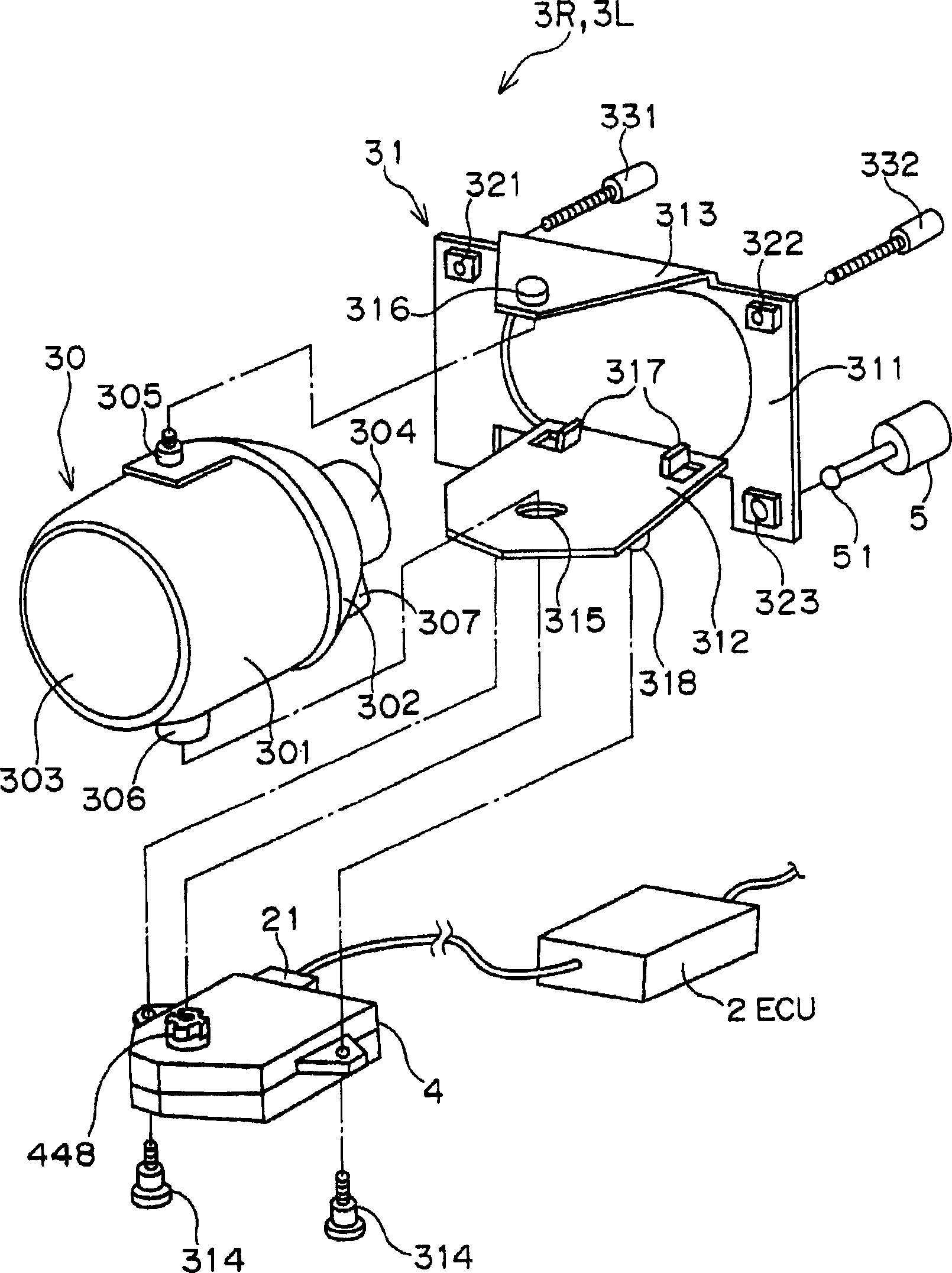 Headlight devices for vehicles and optic axis position setting method