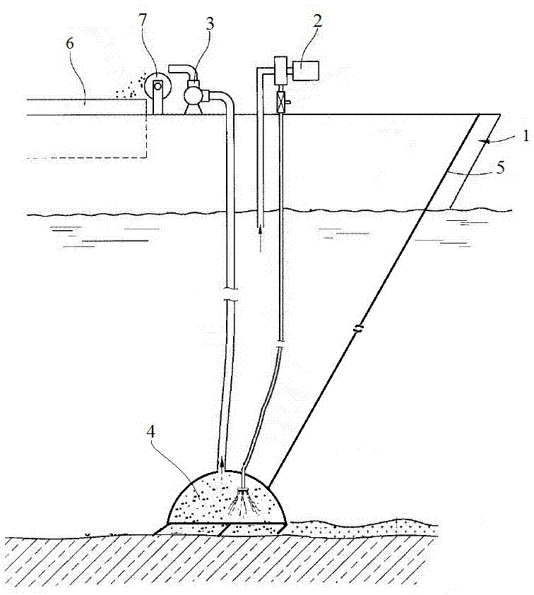 High-pressure flow-jet-type underwater desilting device and desilting ship