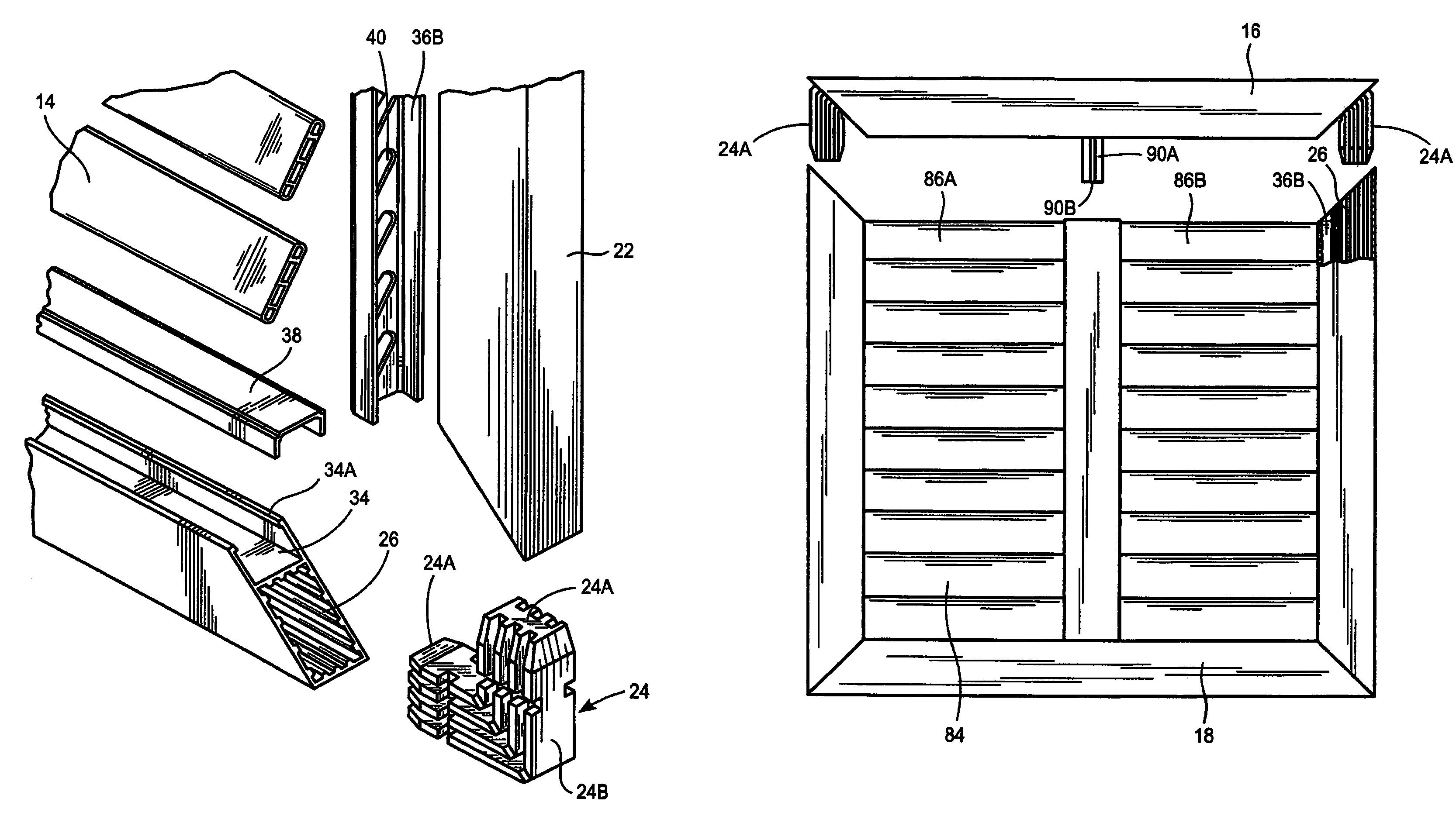 Integrated storm shutter including latch pin corner connection and/or center louver support rail