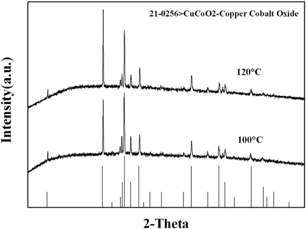 A delafossite-structured CuCoO2 crystal material and a low-temperature preparation method thereof