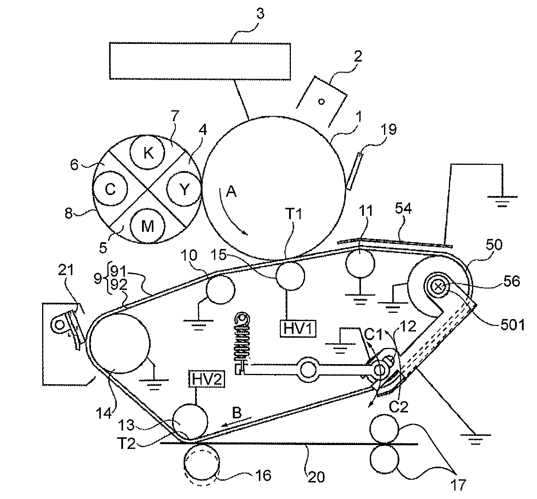 Image-forming apparatus having movable tensioner and electrode member that reduce toner scatter