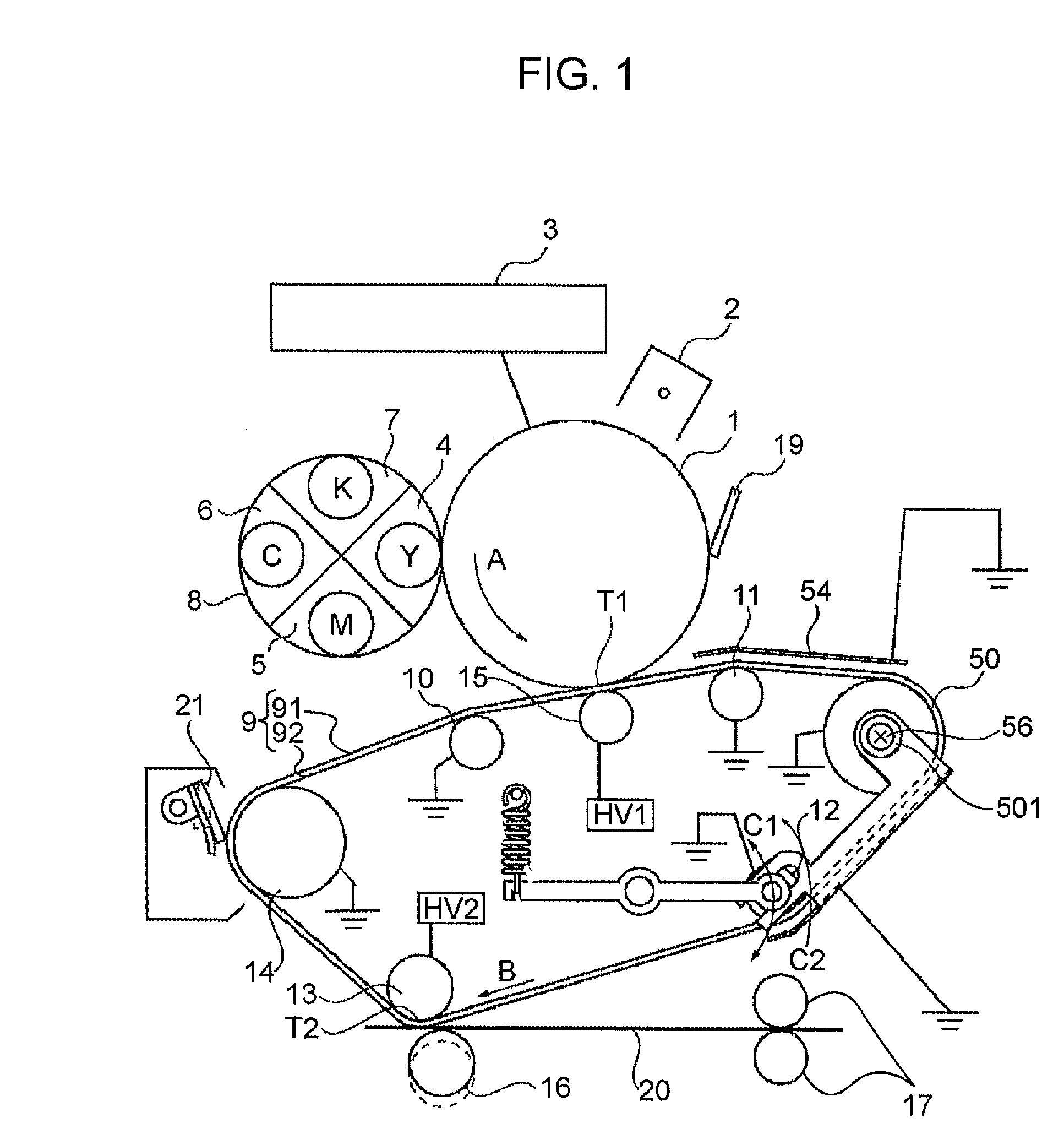 Image-forming apparatus having movable tensioner and electrode member that reduce toner scatter