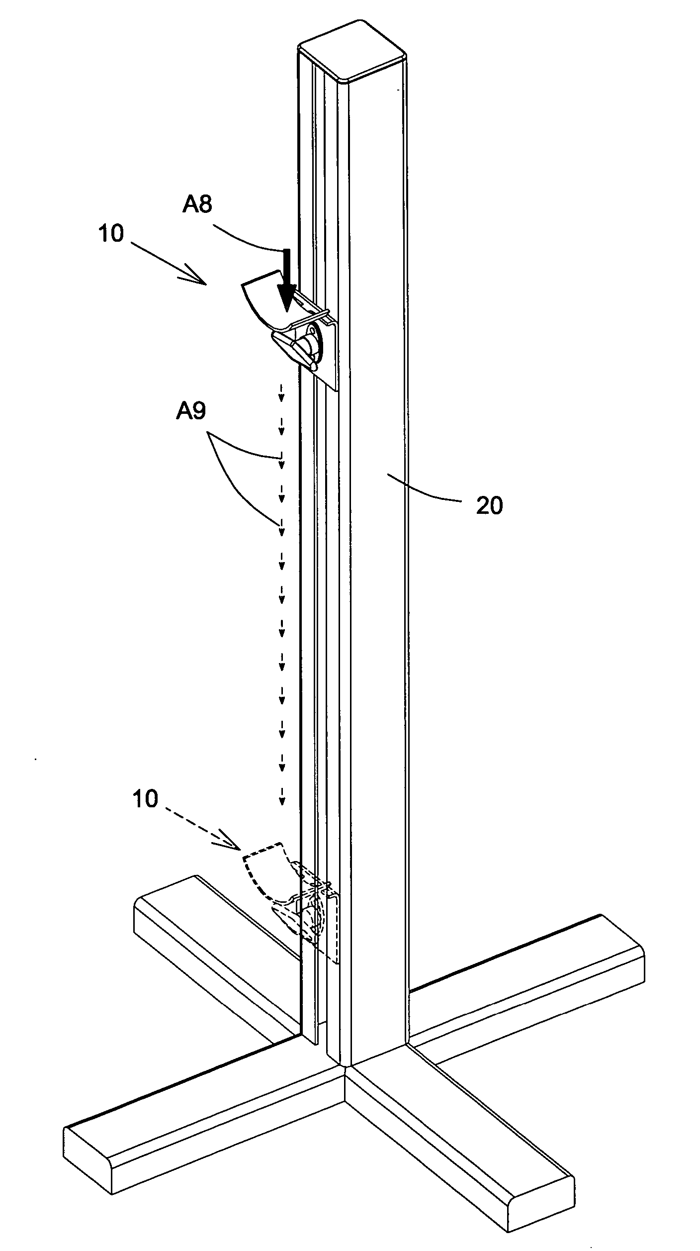 Continuously height-adjustable jump cup attachment bracket and safety feature mechanism