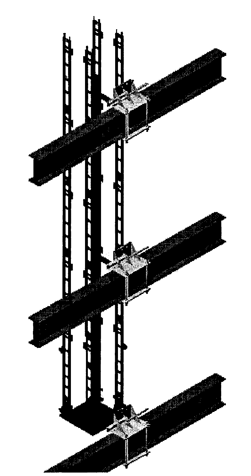 Mechanism for attaching building integral elevating scaffold to steel beam