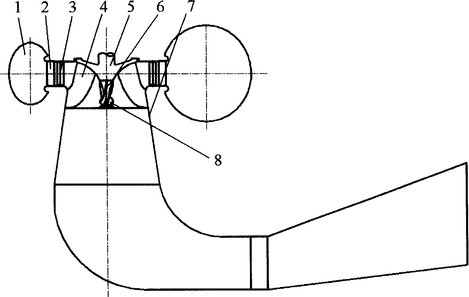 Mixed flow water turbine with an eddy suppressor